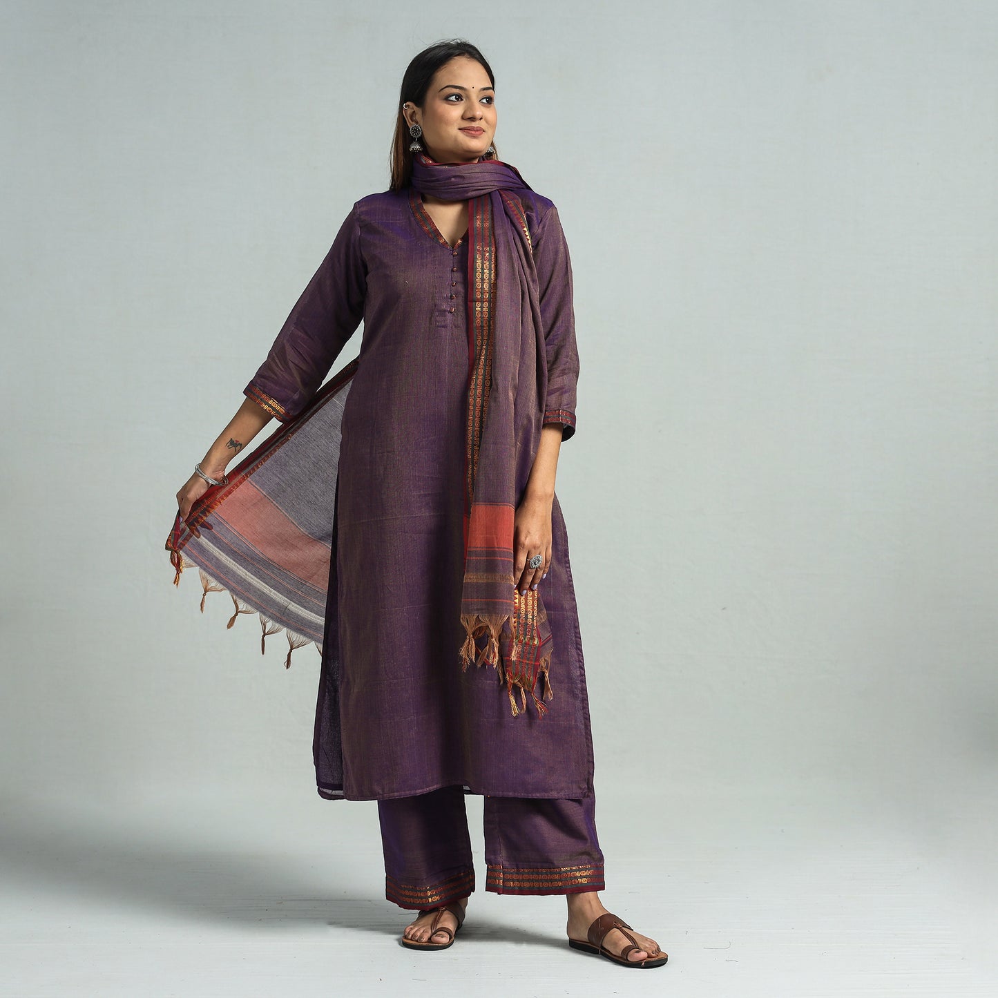 Purple - Dharwad Cotton Kurta with Palazzo & Dupatta Set