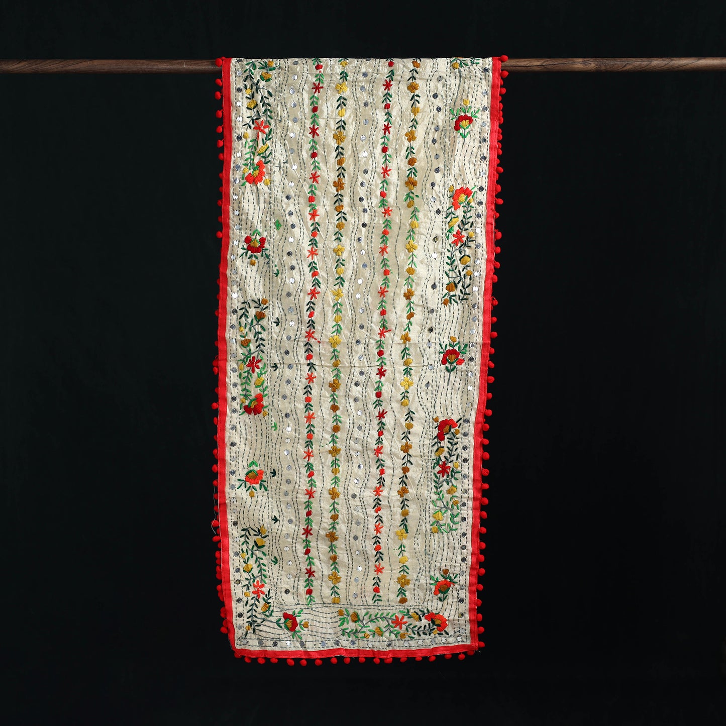 Ranihati Chanderi Silk Hand Embroidered Stole with Pom Pom 163