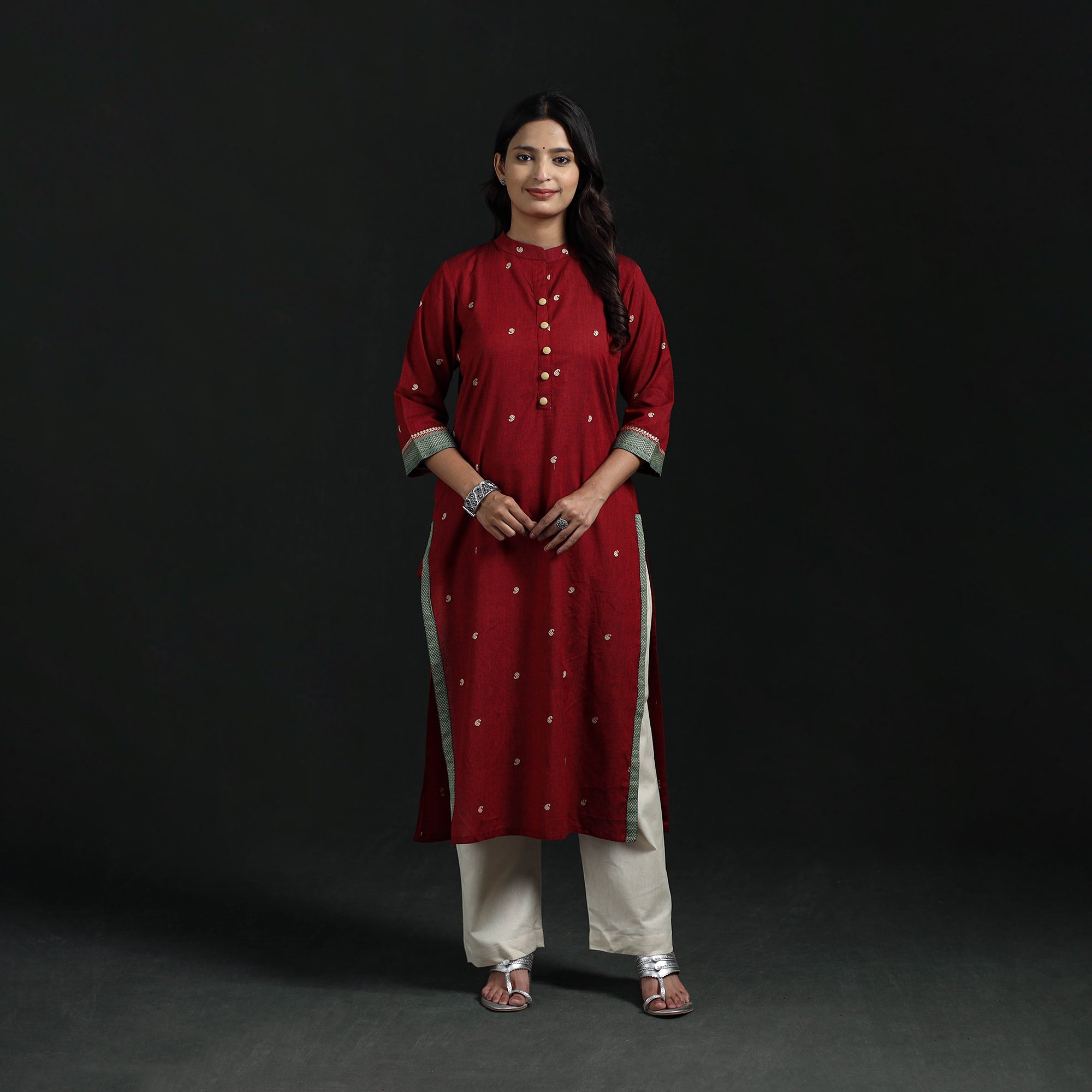 Red - Jacquard Cotton Straight Long Kurta for Women 12