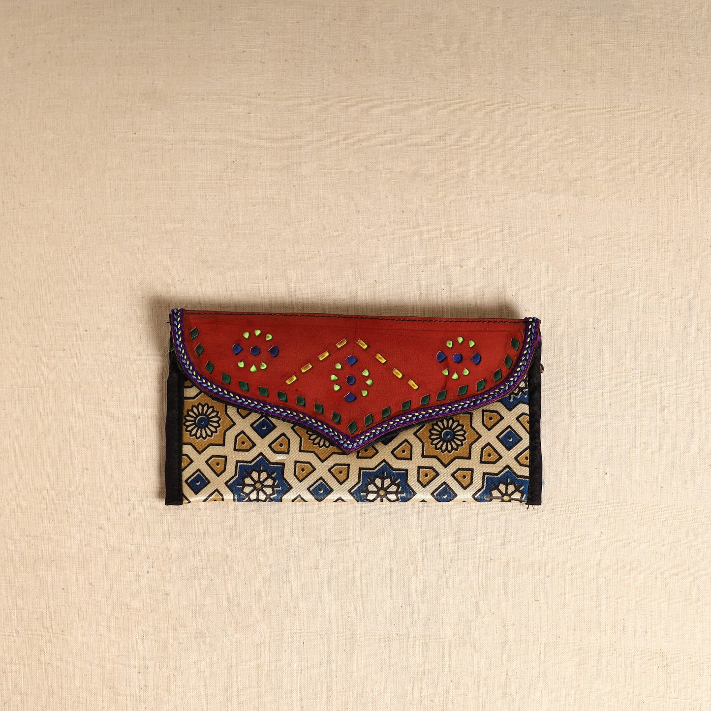 Traditional Kutch Mashru Silk Leather Flap Clutch / Wallet 100