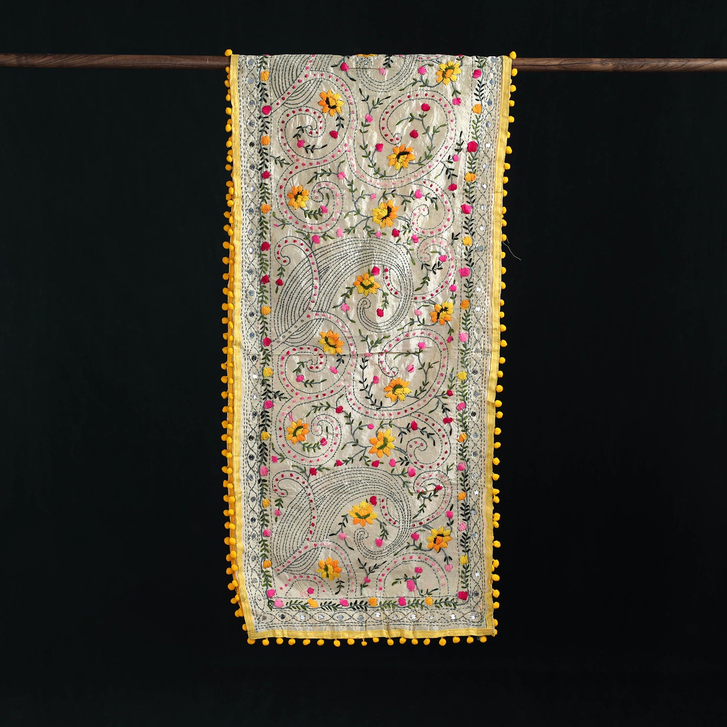 Ranihati Chanderi Silk Hand Embroidered Stole with Pom Pom 160