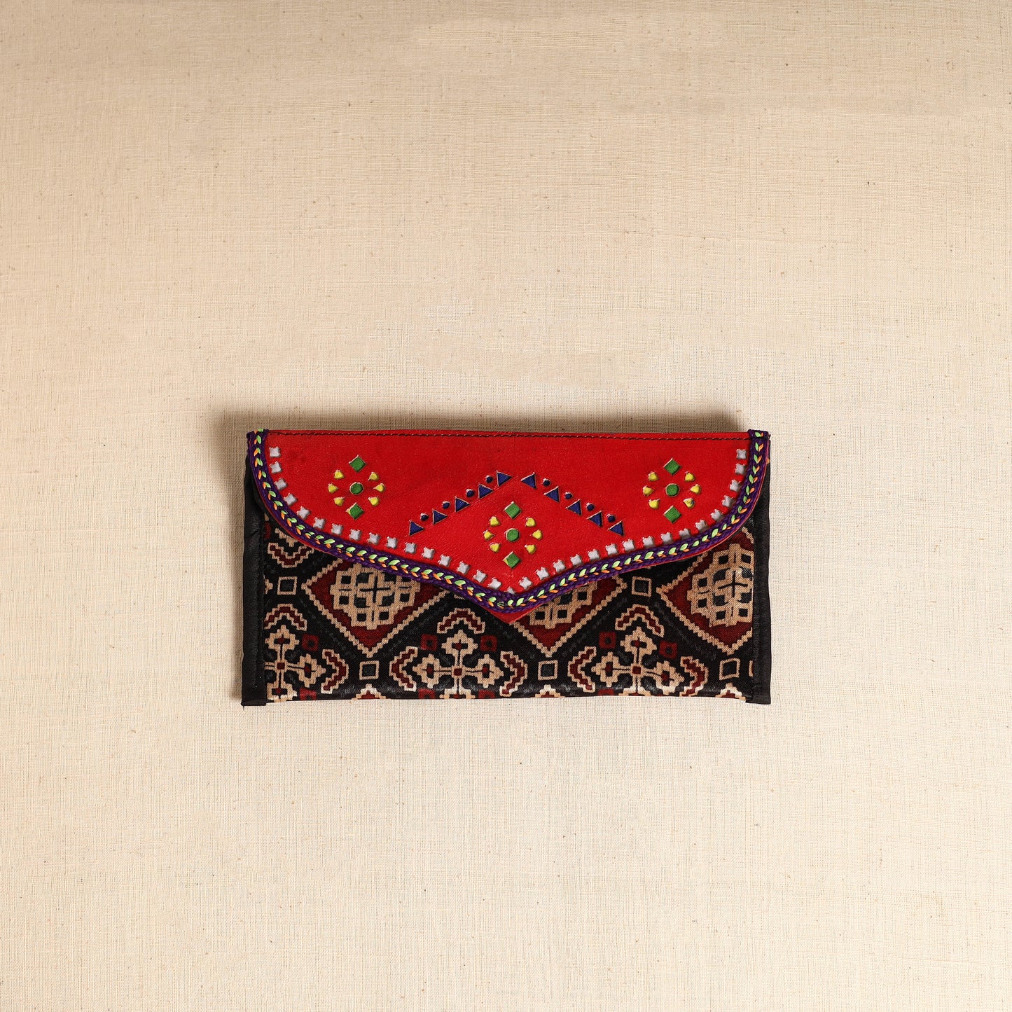Traditional Kutch Mashru Silk Leather Flap Clutch / Wallet 98