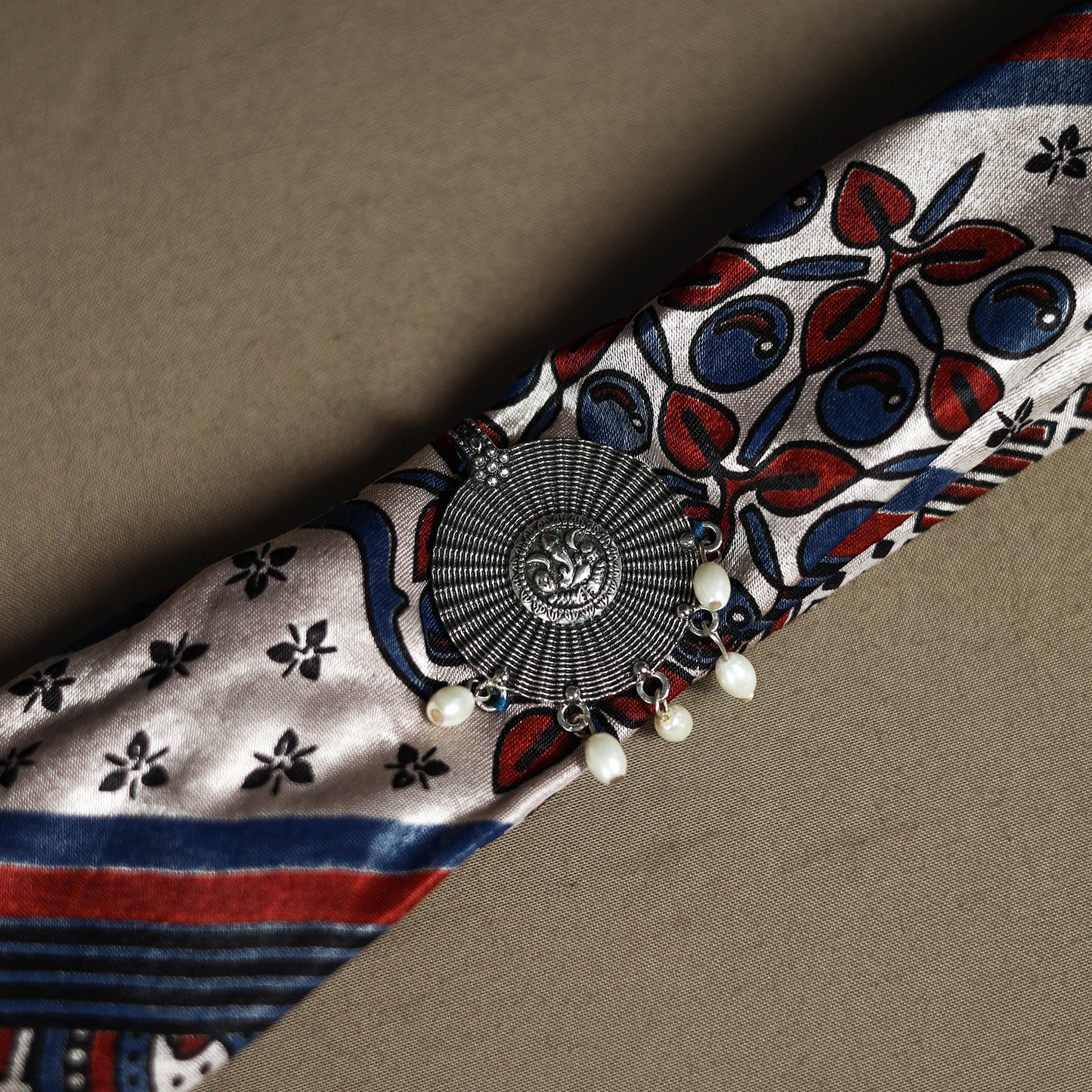 Ajrakh Hand Block Print Natural Dyed Modal Silk Brooch Scarf 17