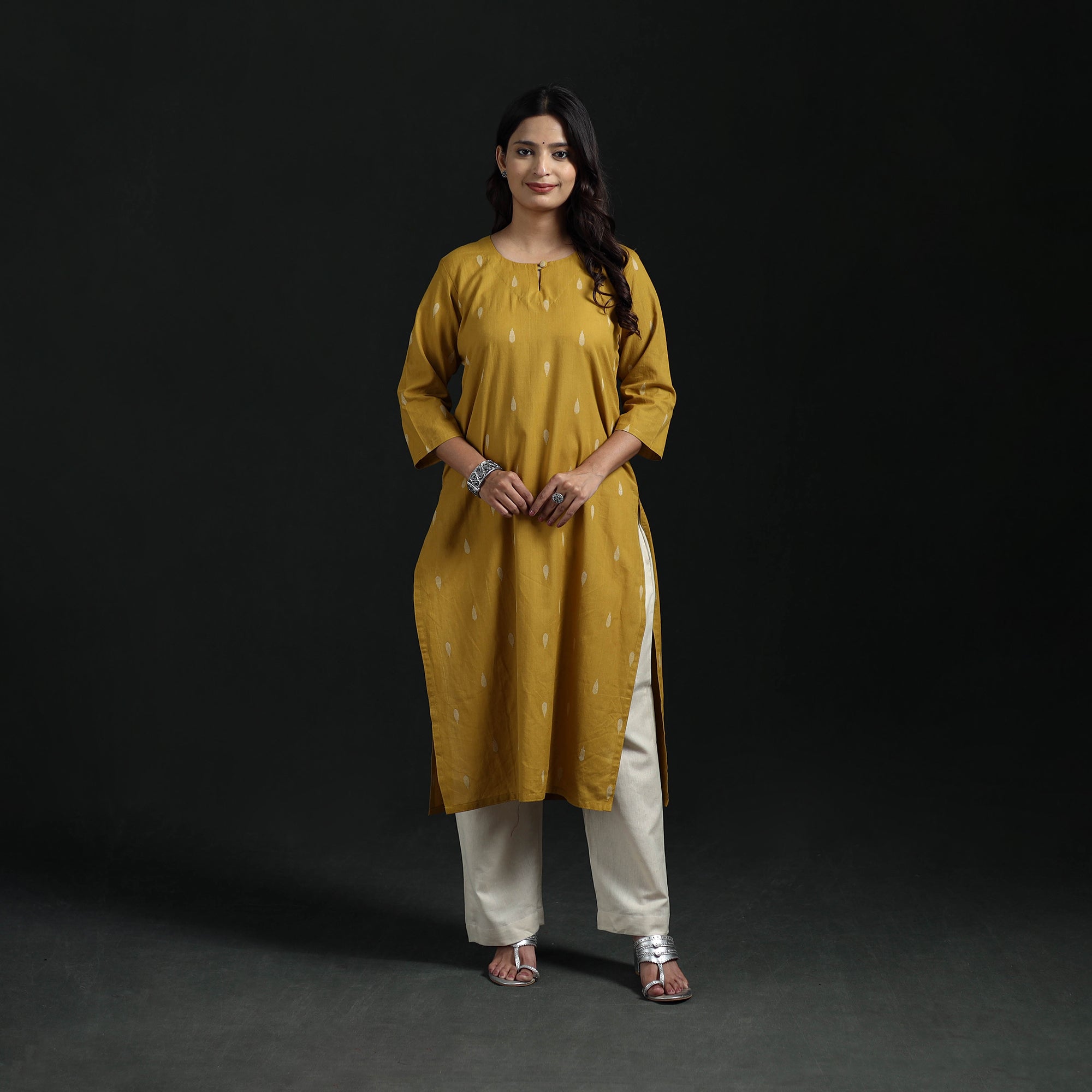 Yellow - Jacquard Cotton Straight Long Kurta for Women 09