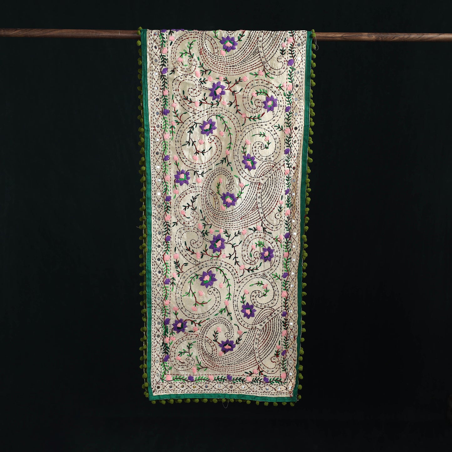 Ranihati Chanderi Silk Hand Embroidered Stole with Pom Pom 155