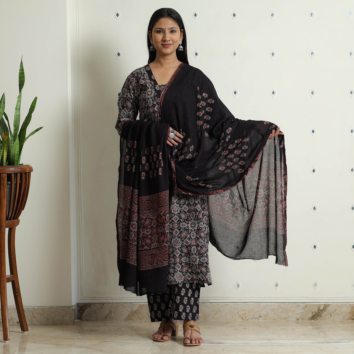 Ajrakh Block Printed Cotton Kurta with Palazzo & Dupatta Set