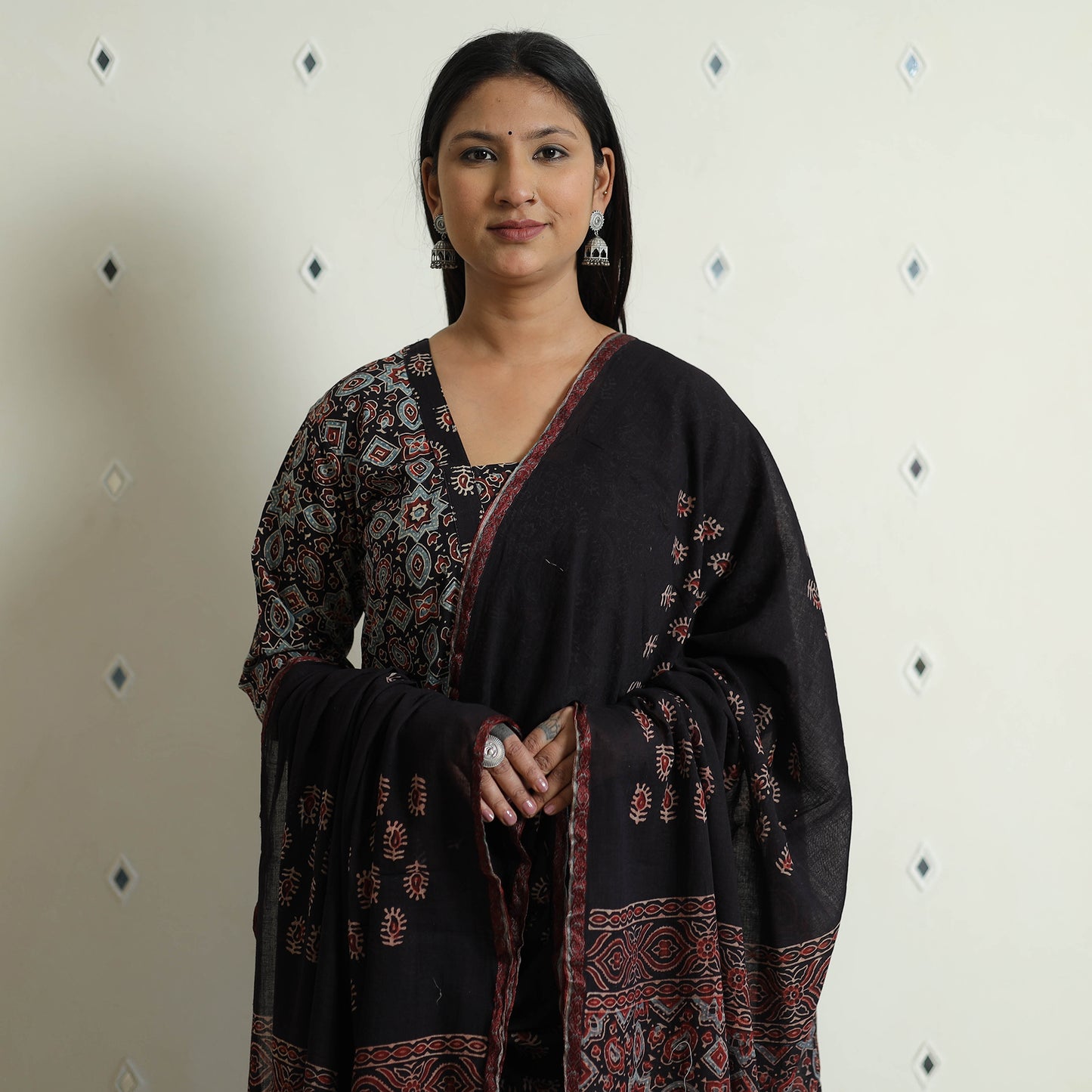 Ajrakh Block Printed Cotton Kurta with Palazzo & Dupatta Set