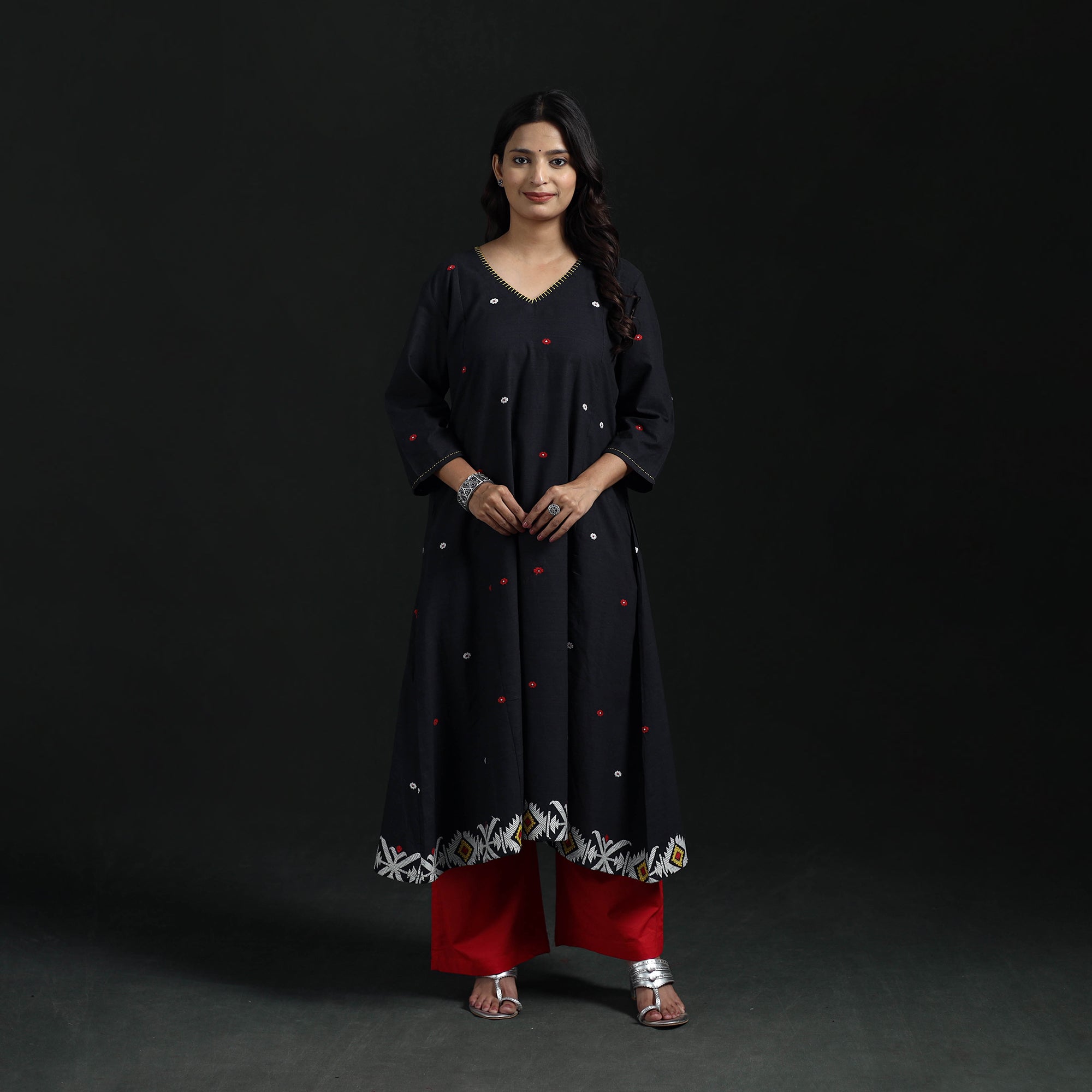 Black - Hand Embroidered Jacquard Cotton A-Line Long Kurta for Women 03