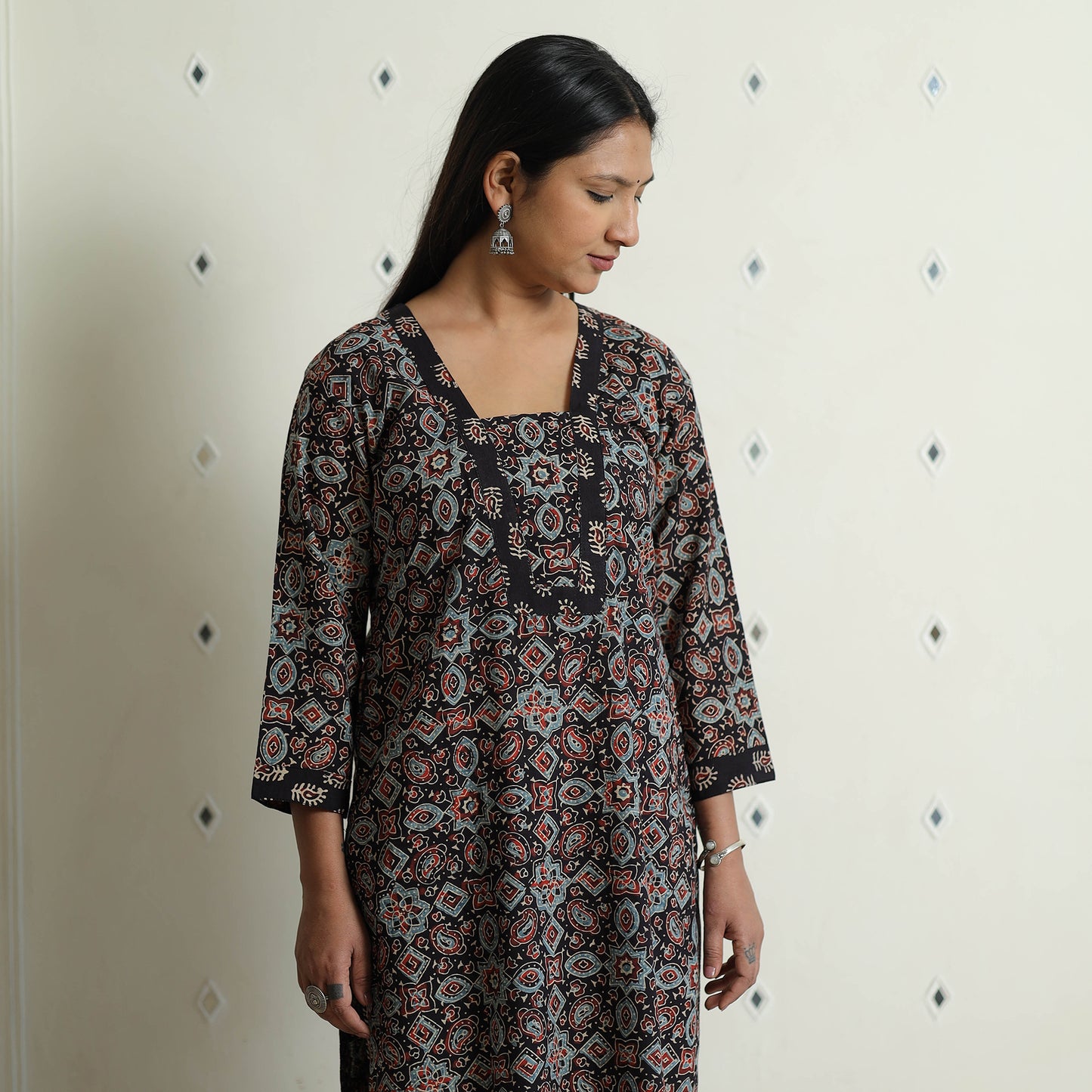 Ajrakh Block Printed Cotton Kurta with Palazzo & Dupatta Set