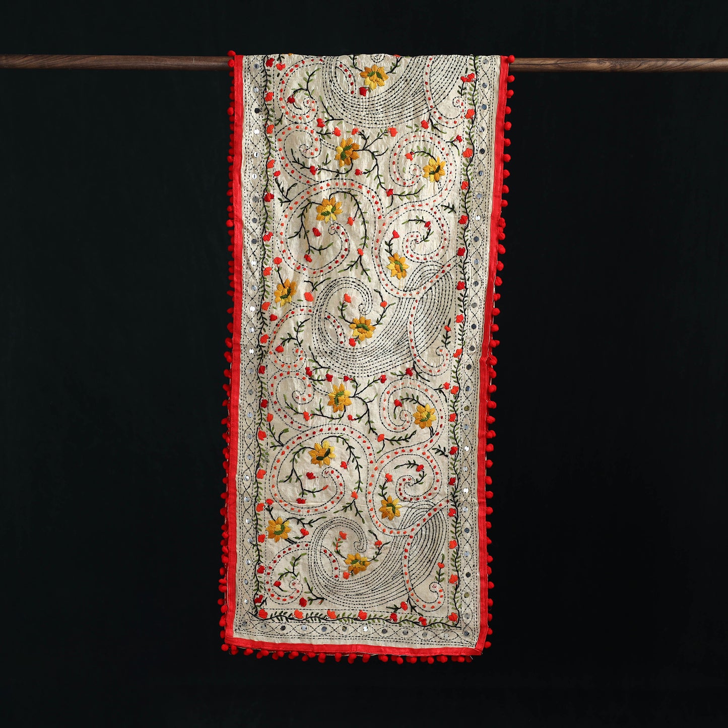 Ranihati Chanderi Silk Hand Embroidered Stole with Pom Pom 149