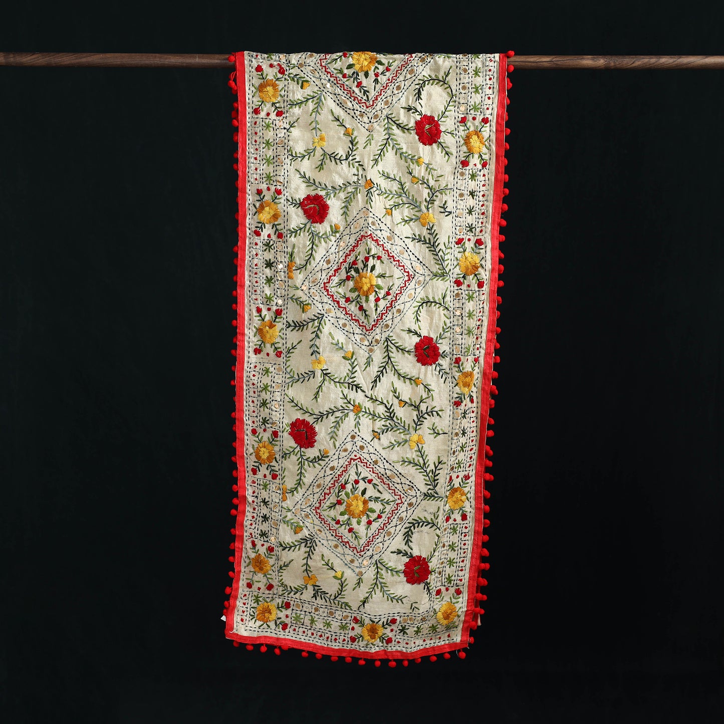 Ranihati Chanderi Silk Hand Embroidered Stole with Pom Pom 147