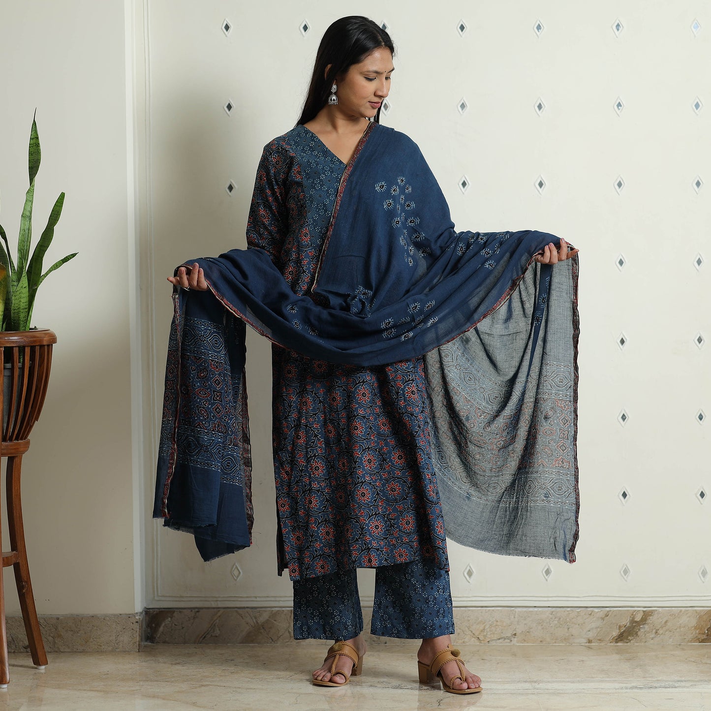 Blue - Ajrakh Block Printed Cotton Kurta with Palazzo & Dupatta Set