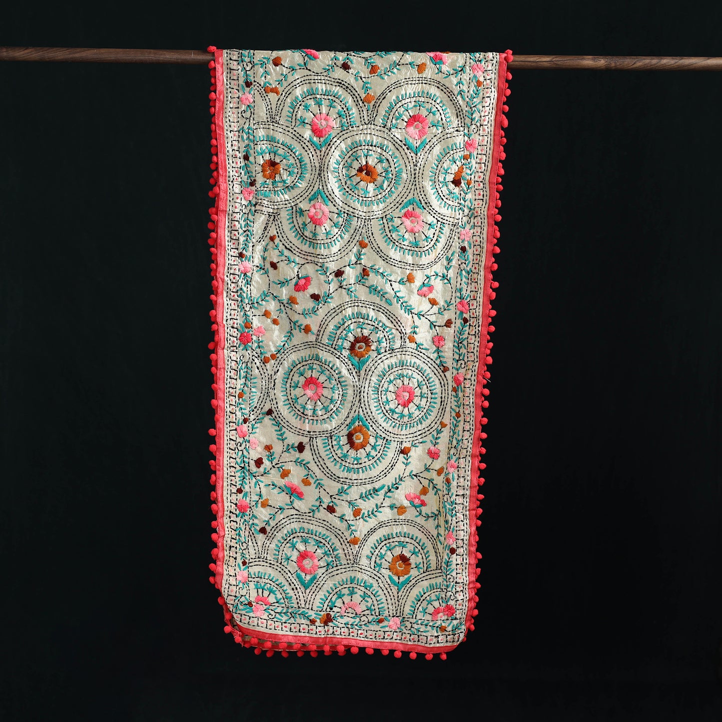 Ranihati Chanderi Silk Hand Embroidered Stole with Pom Pom 148