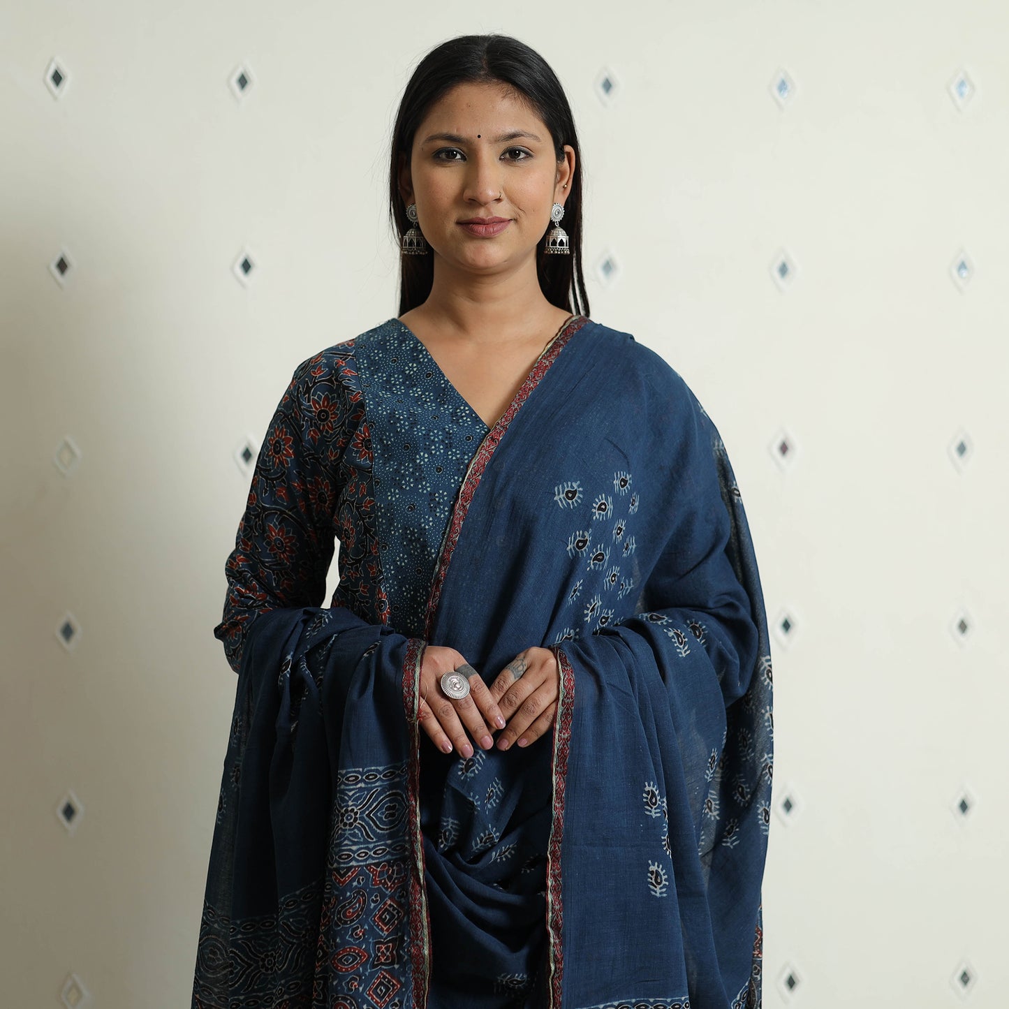 Blue - Ajrakh Block Printed Cotton Kurta with Palazzo & Dupatta Set