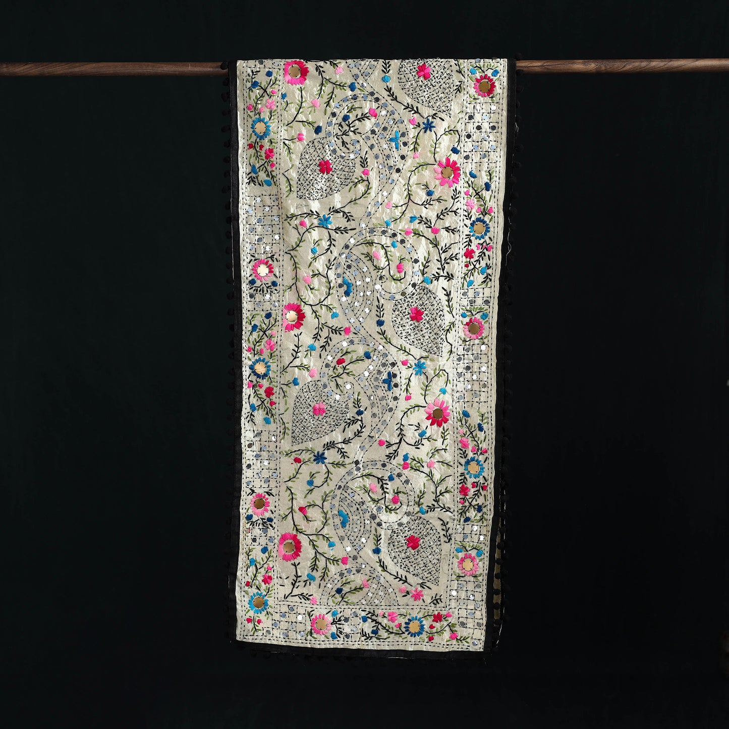 Ranihati Chanderi Silk Hand Embroidered Stole with Pom Pom 146