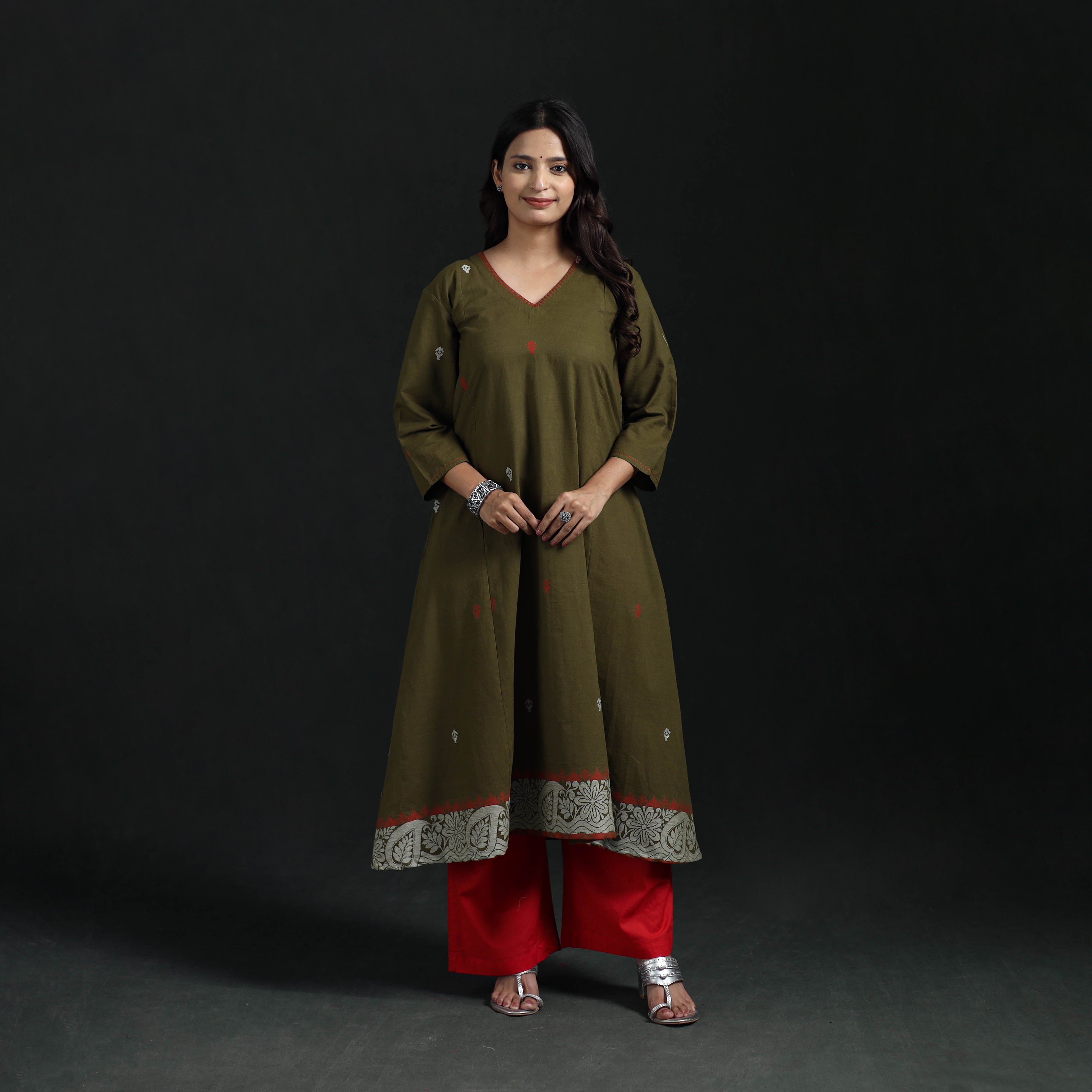 Green - Hand Embroidered Jacquard Cotton A-Line Long Kurta for Women 05