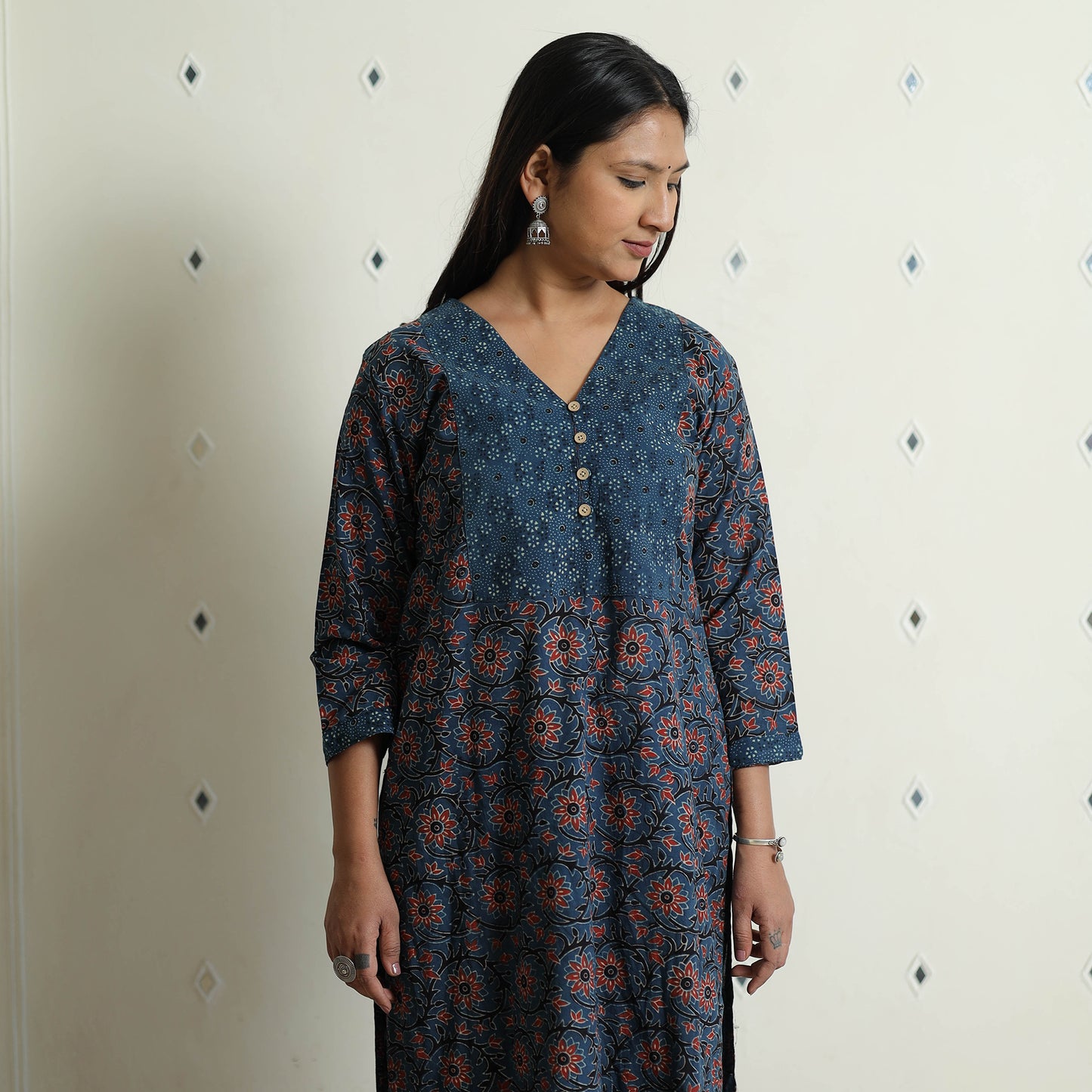 Blue - Ajrakh Block Printed Cotton Kurta with Palazzo & Dupatta Set