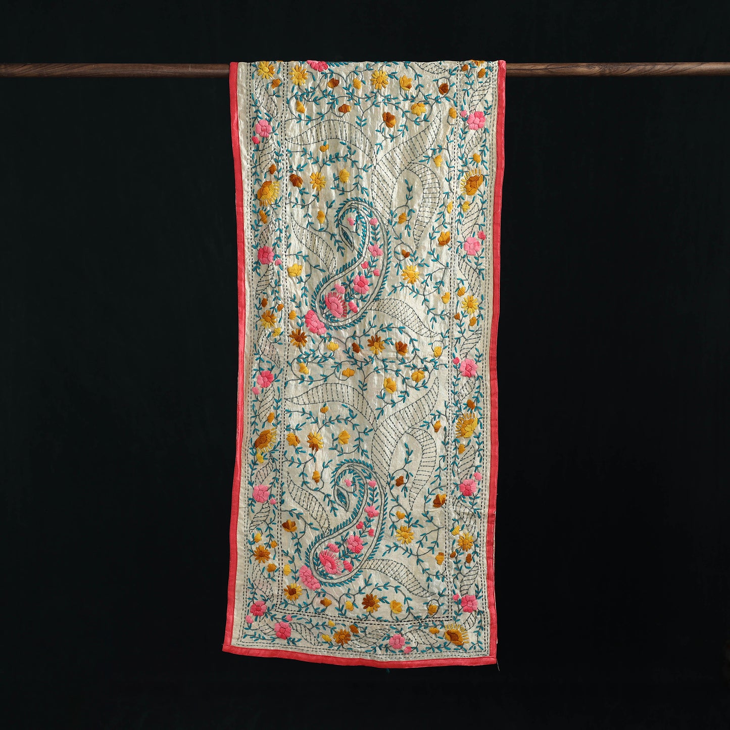 Beige - Ranihati Chanderi Silk Hand Embroidered Stole 144