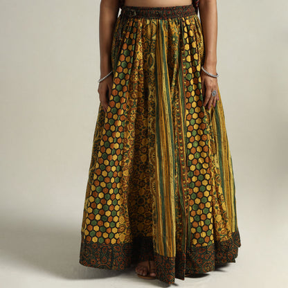 Yellow - Ajrakh Block Printed 24 Kali Patchwork Cotton Long Skirt 80