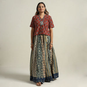 Multicolor - Ajrakh Block Printed 24 Kali Patchwork Cotton Long Skirt 81
