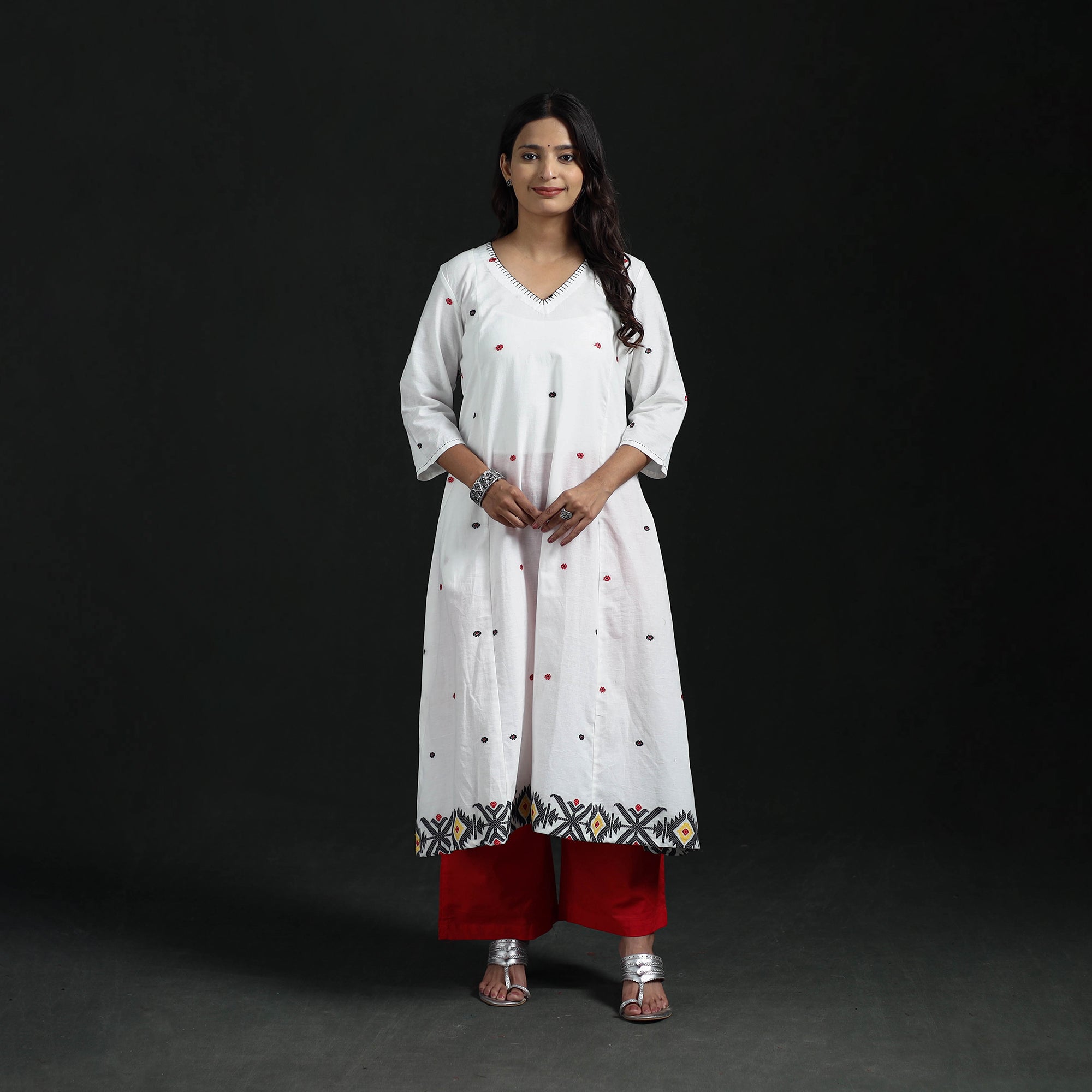 White - Hand Embroidered Jacquard Cotton A-Line Long Kurta for Women 01