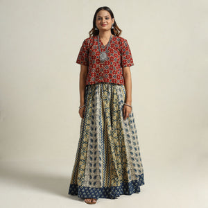 Beige - Ajrakh Block Printed 24 Kali Patchwork Cotton Long Skirt 82