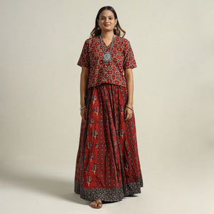 Red - Ajrakh Block Printed 24 Kali Patchwork Cotton Long Skirt 83