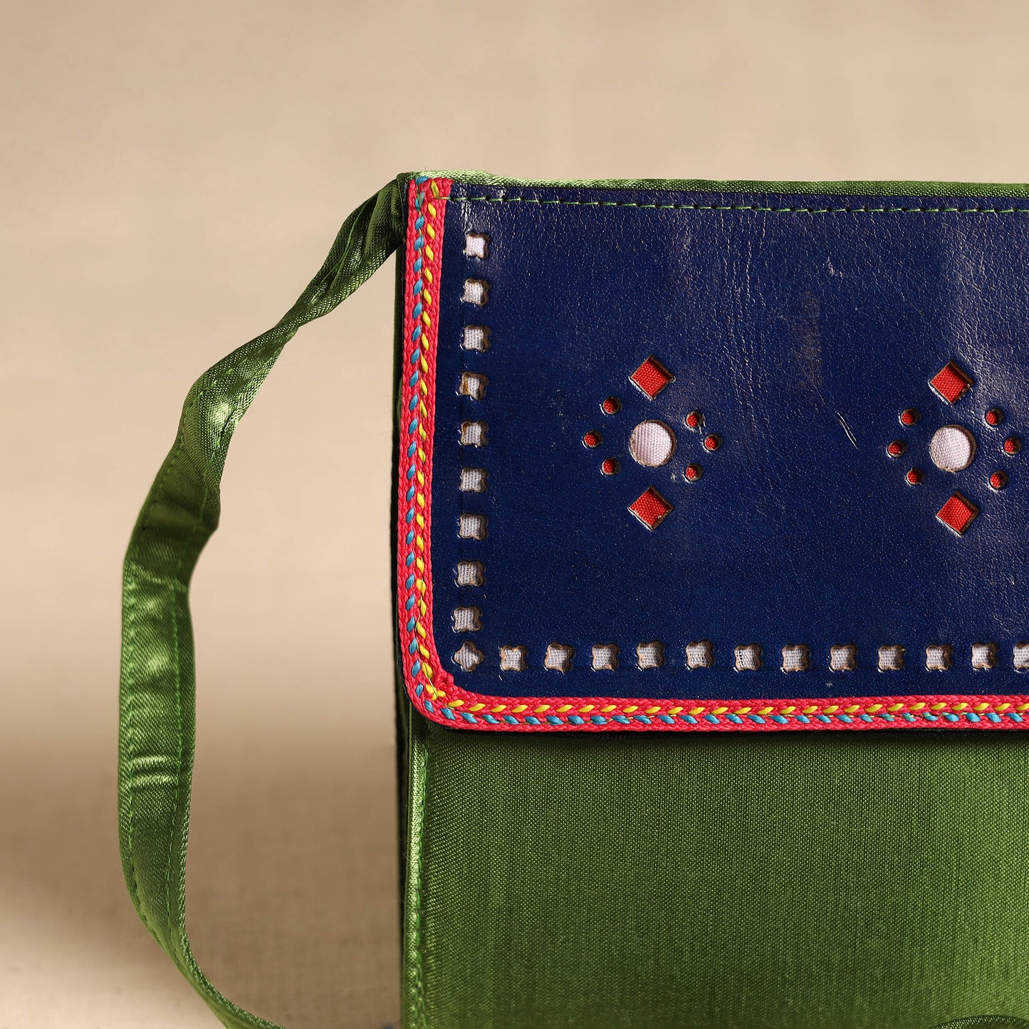 Traditional Kutch Mashru Silk Leather Flap Sling Bag 17