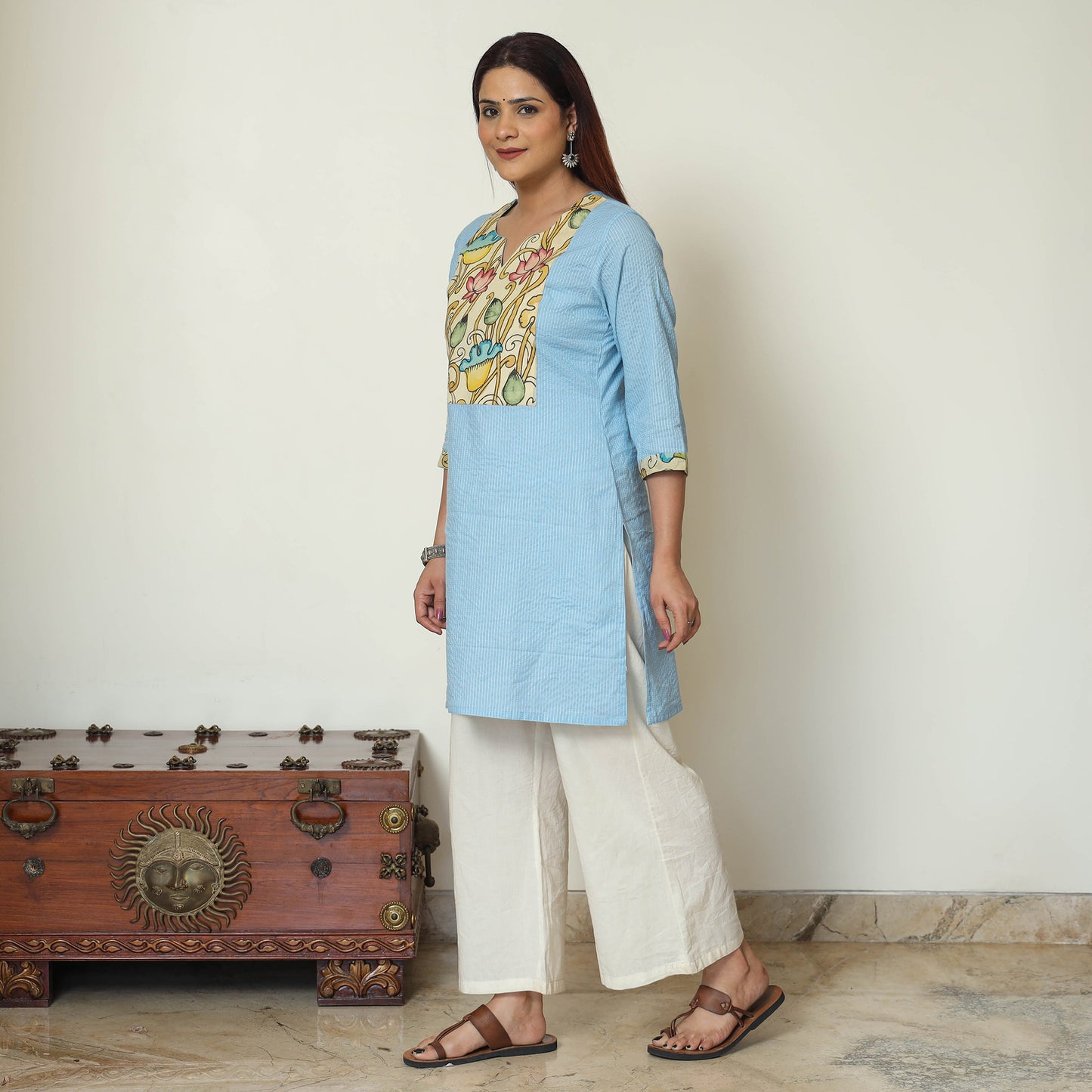 Blue - Srikalahasti Kalamkari Patchwork Running Stitch Plain Cotton Short Kurta 10
