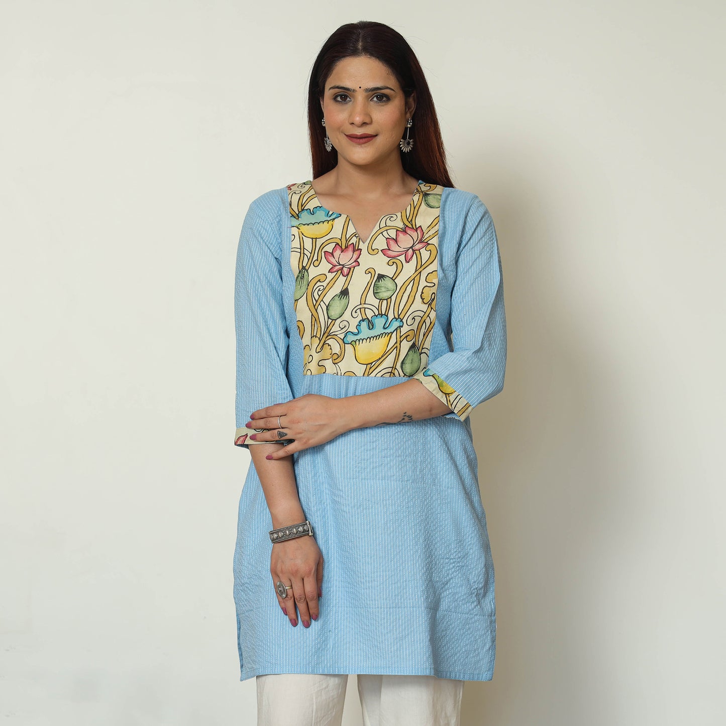 Blue - Srikalahasti Kalamkari Patchwork Running Stitch Plain Cotton Short Kurta 10