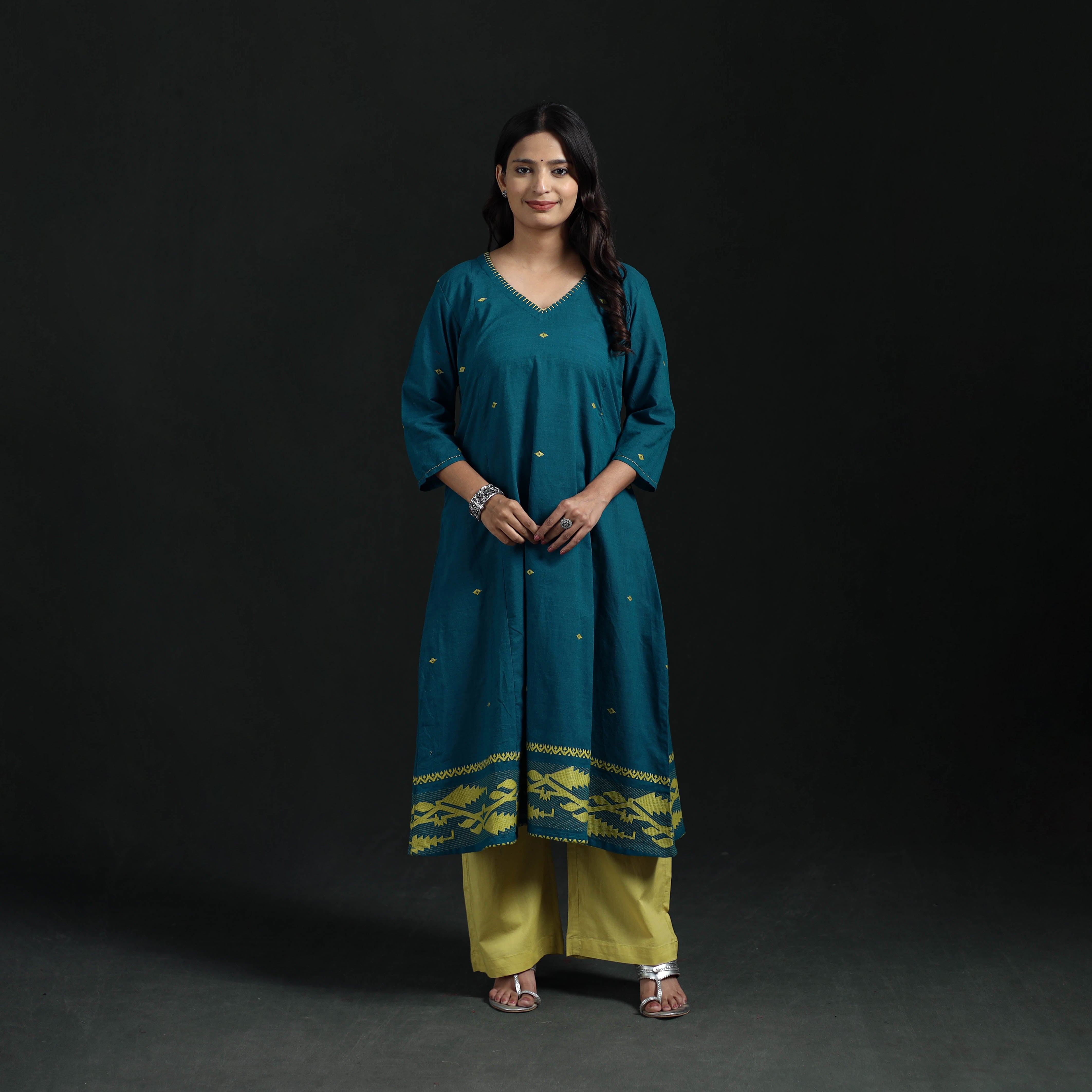 Blue - Hand Embroidered Jacquard Cotton A-Line Long Kurta for Women 04