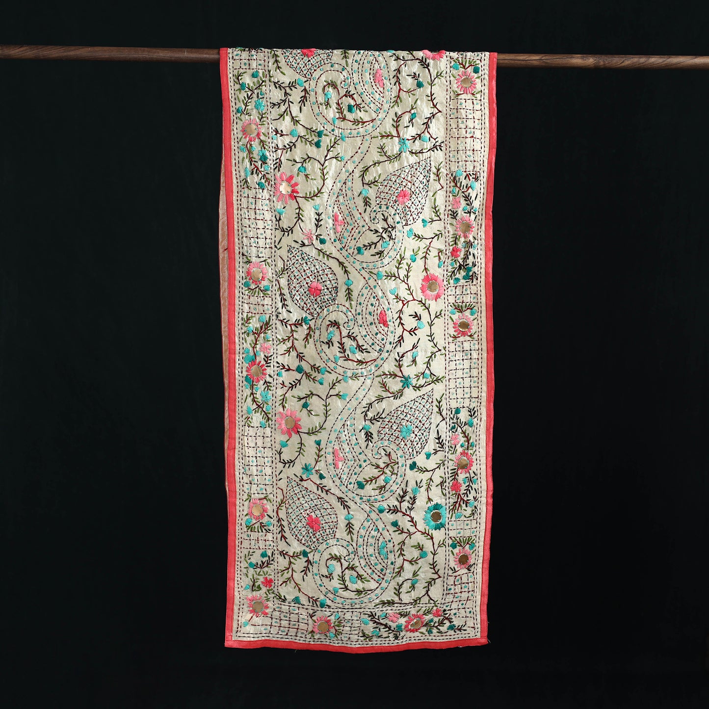Beige - Ranihati Chanderi Silk Hand Embroidered Stole 118