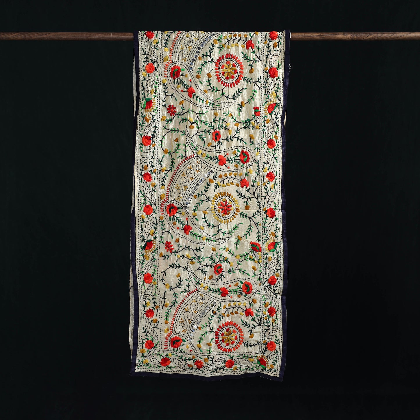 Beige - Ranihati Chanderi Silk Hand Embroidered Stole 102