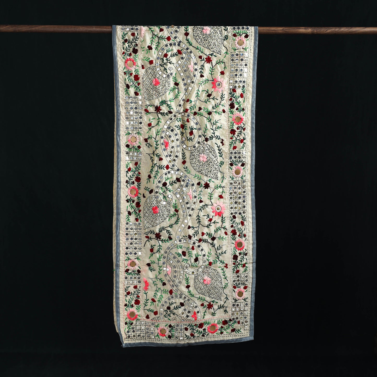 Beige - Ranihati Chanderi Silk Hand Embroidered Stole 101
