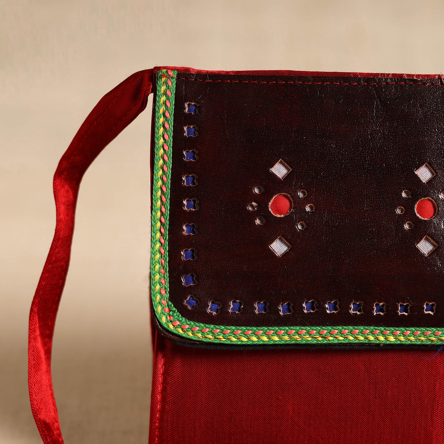 Traditional Kutch Mashru Silk Leather Flap Sling Bag 23