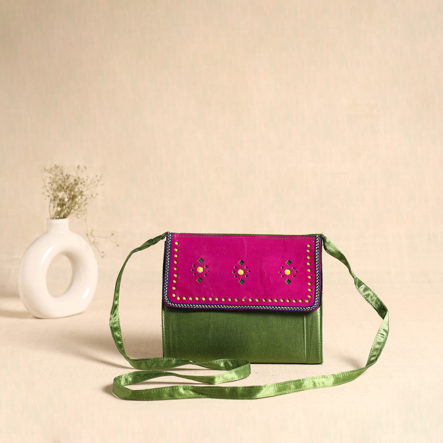 Traditional Kutch Mashru Silk Leather Flap Sling Bag 24