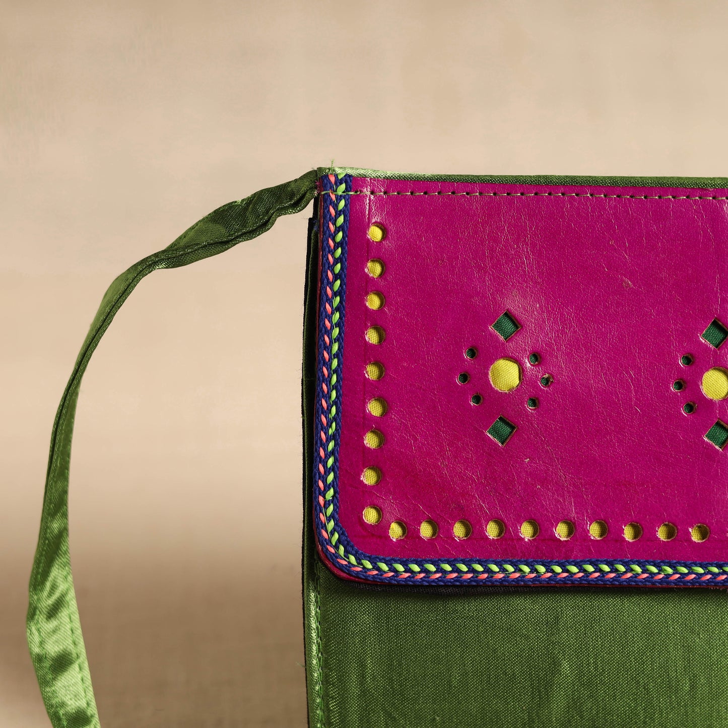 Traditional Kutch Mashru Silk Leather Flap Sling Bag 24