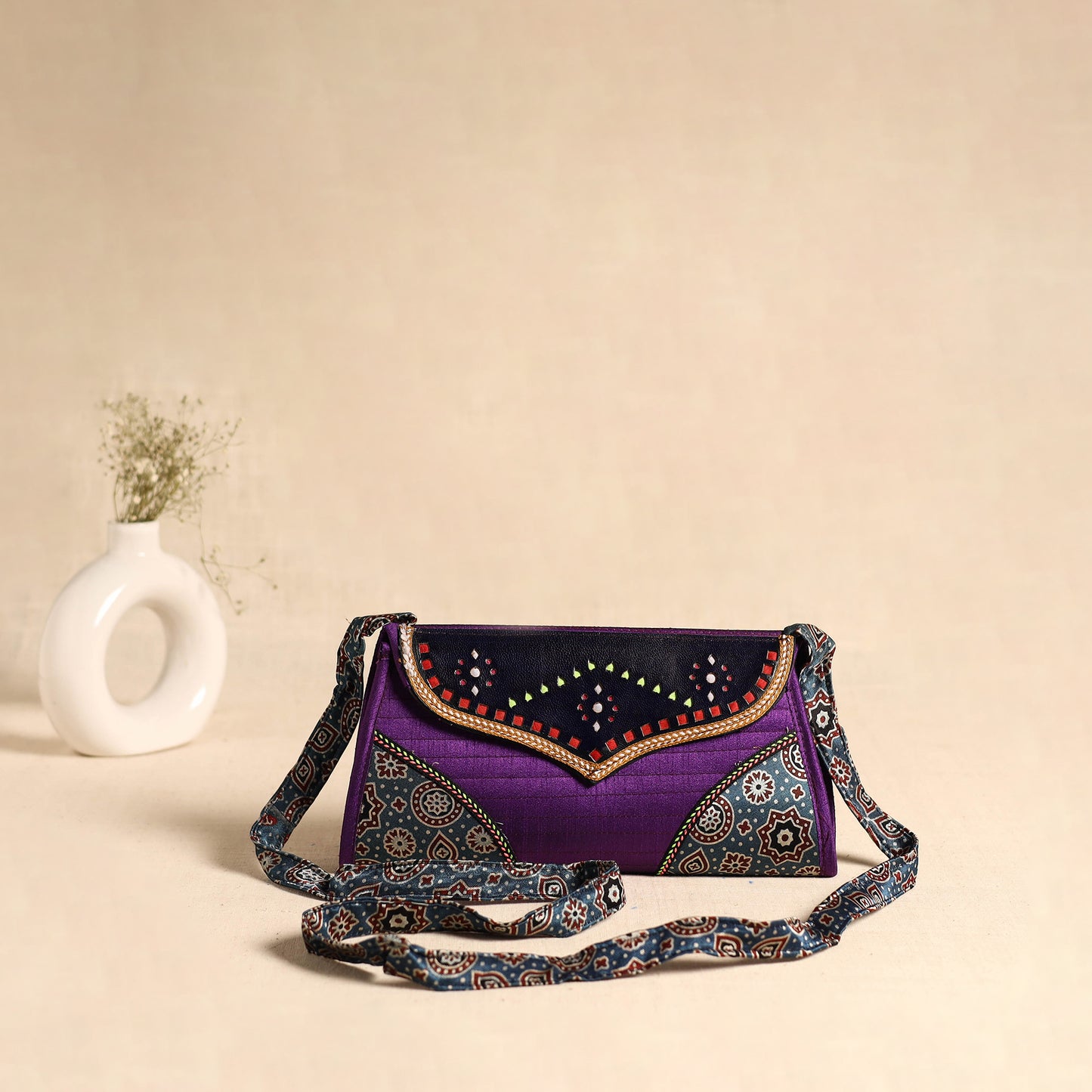 Traditional Kutch Patchwork Silk Leather Flap Sling Bag 25