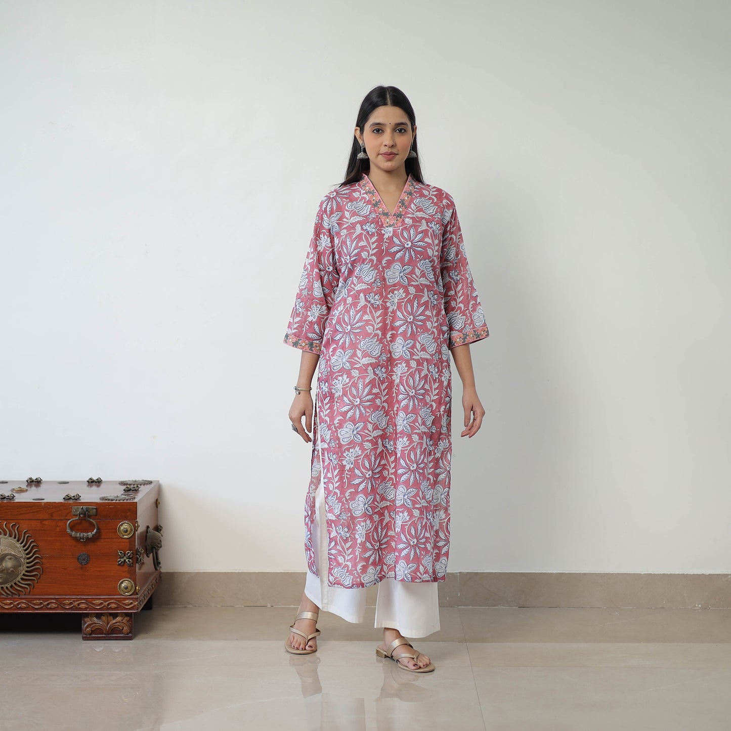 Pink - Block Print Cotton Straight Sanganeri Kurta 16