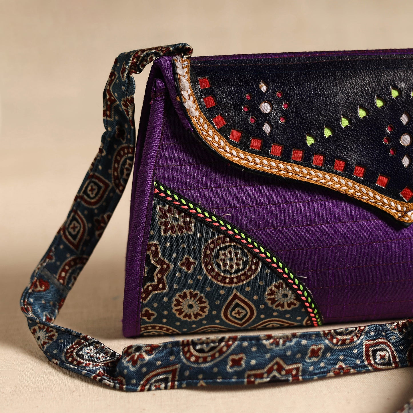 Traditional Kutch Patchwork Silk Leather Flap Sling Bag 25