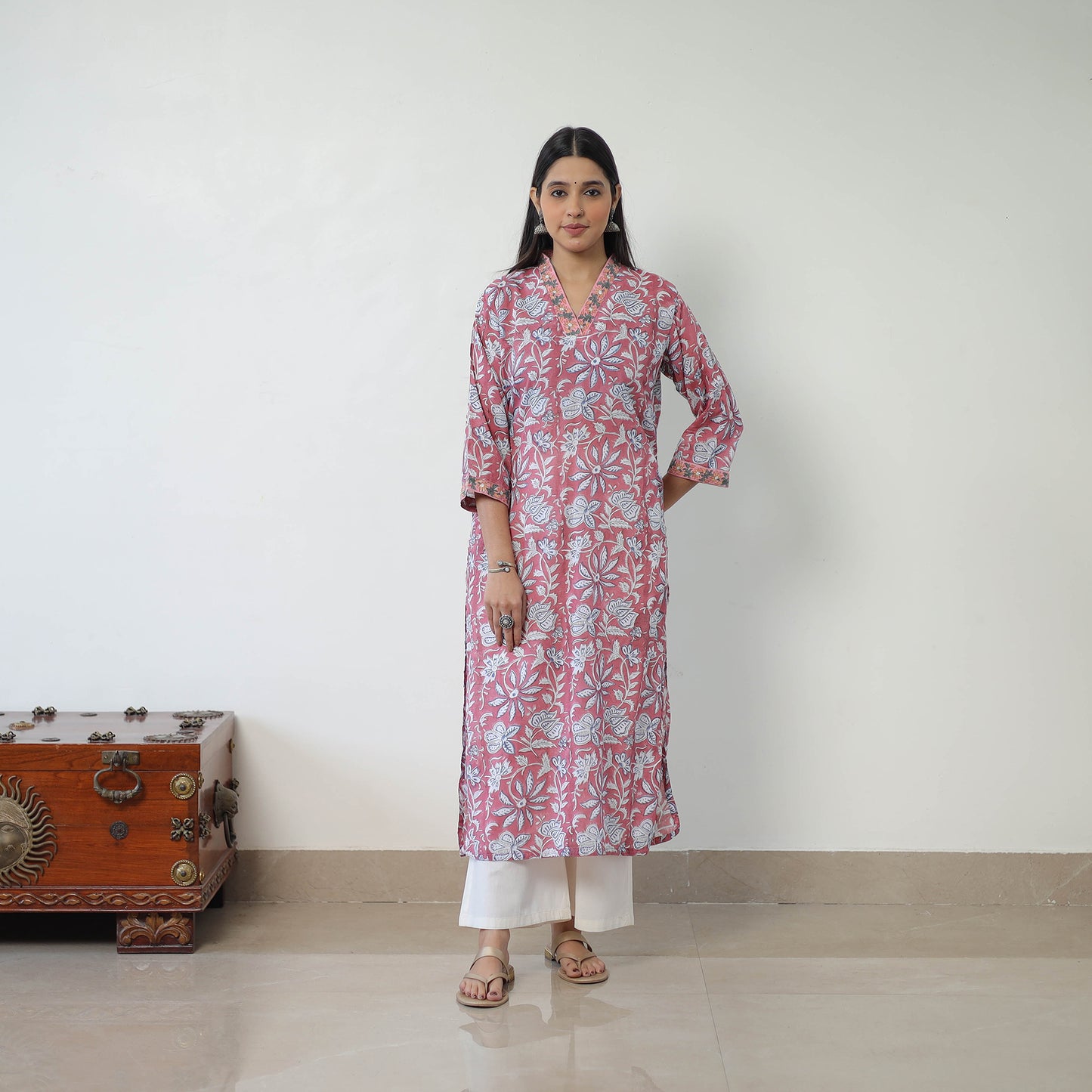 Pink - Block Print Cotton Straight Sanganeri Kurta 16