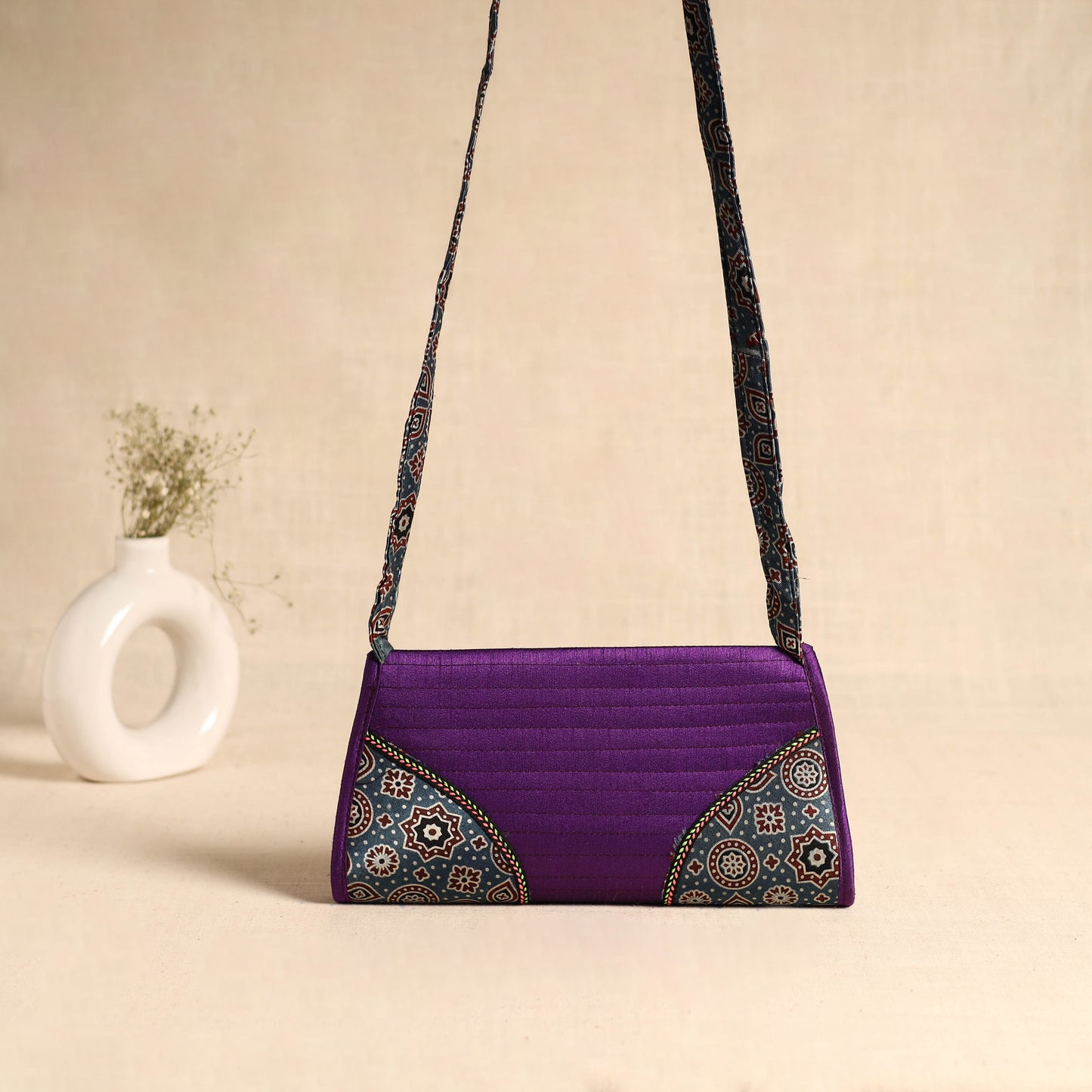 Traditional Kutch Patchwork Silk Leather Flap Sling Bag 25