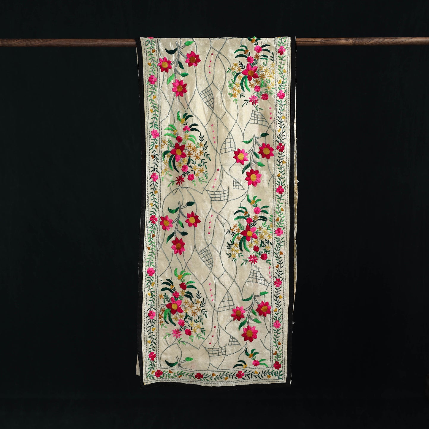 Beige - Ranihati Chanderi Silk Hand Embroidered Stole 85