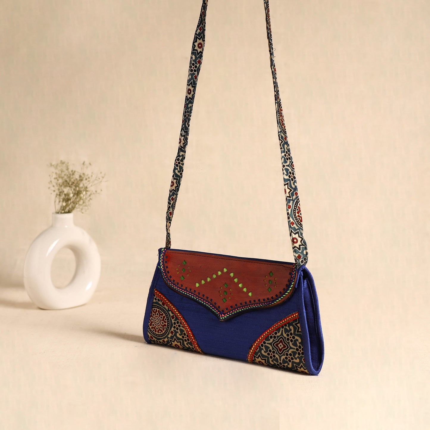 Traditional Kutch Patchwork Silk Leather Flap Sling Bag 27
