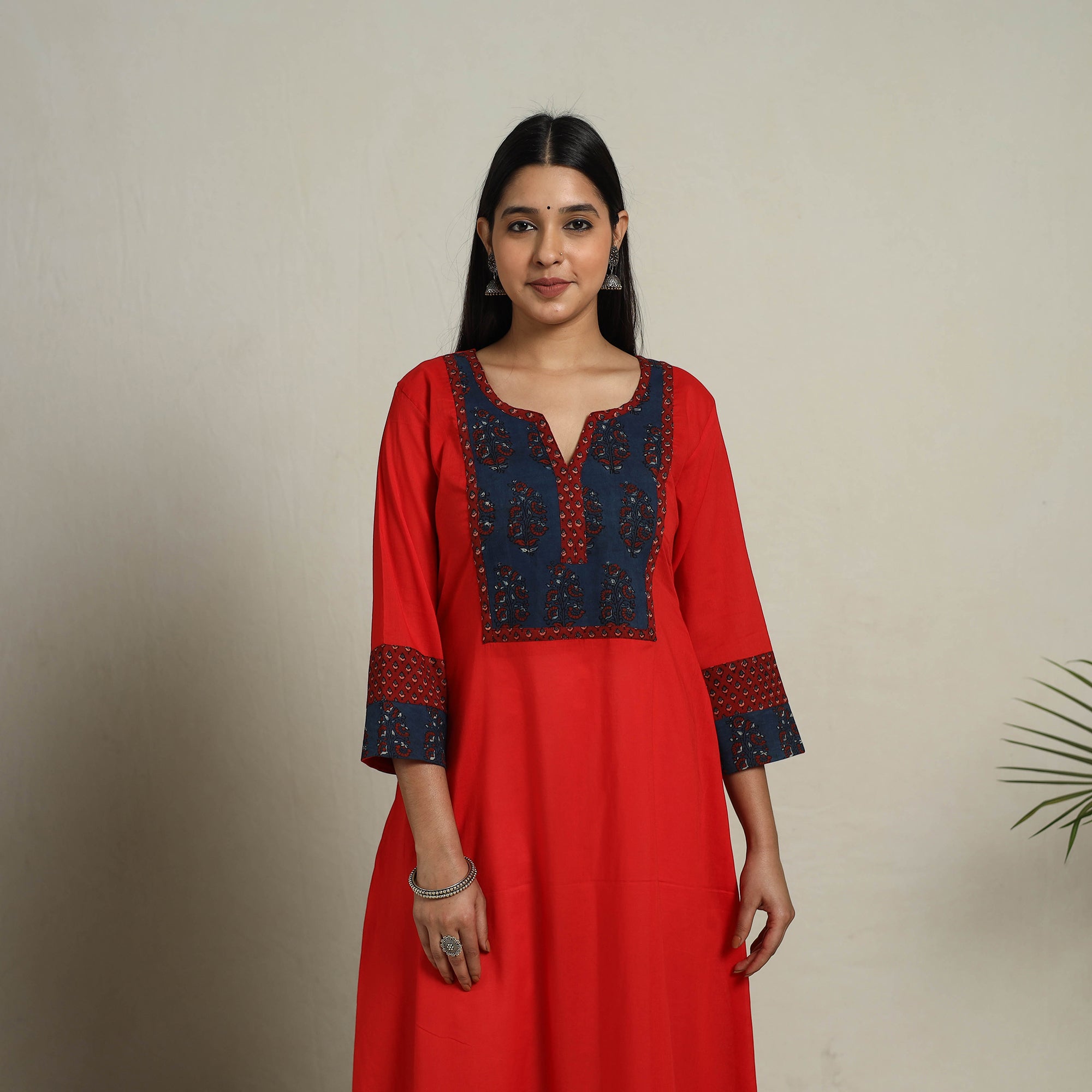 Red - Block Print Mosaic Fusion A-Line Plain Cotton Long Kurta