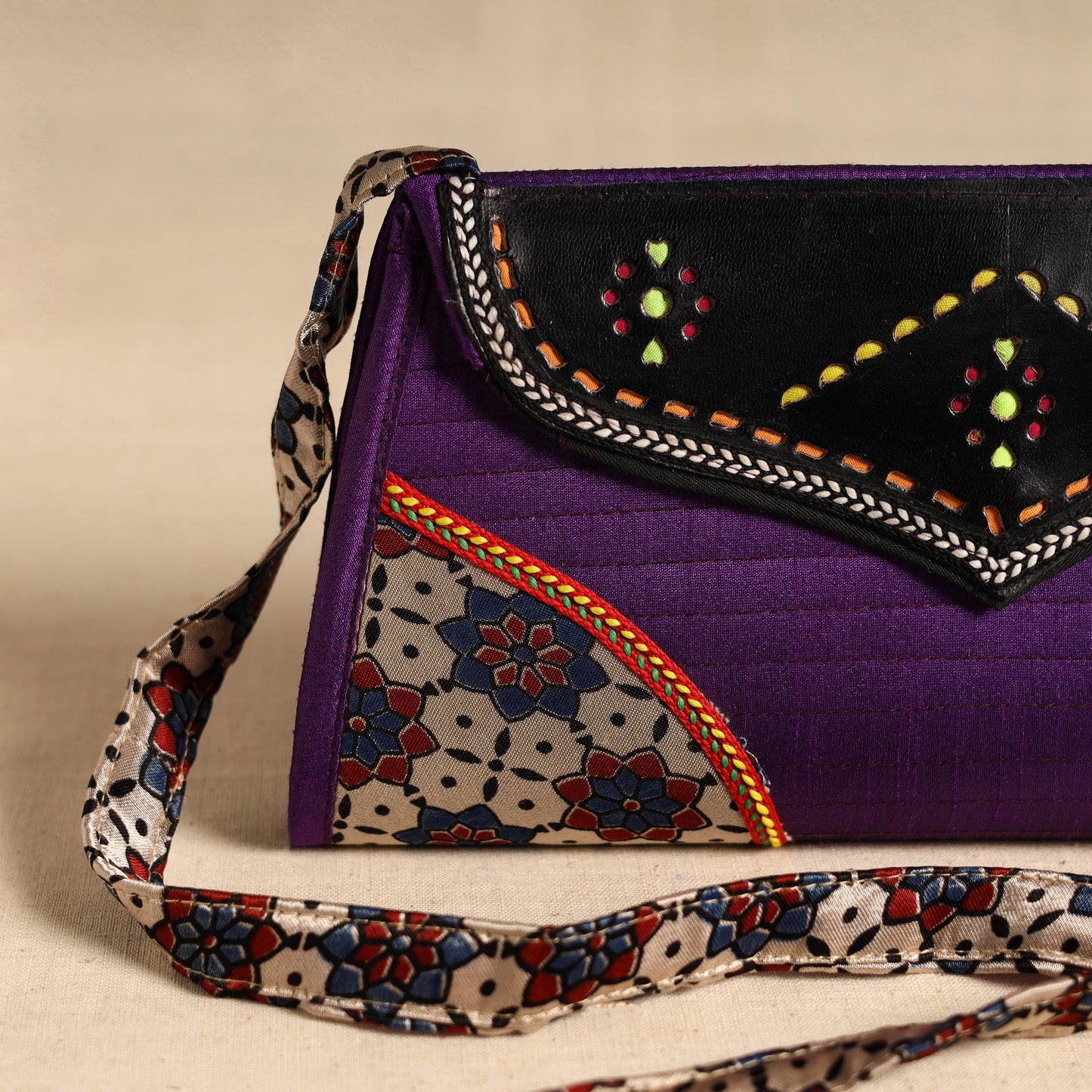 Traditional Kutch Patchwork Silk Leather Flap Sling Bag 28