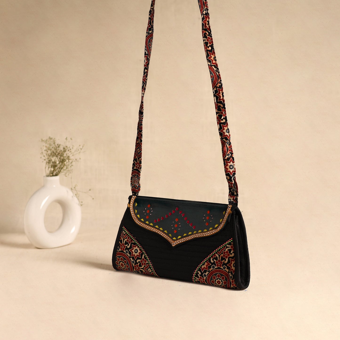 Traditional Kutch Patchwork Silk Leather Flap Sling Bag 29