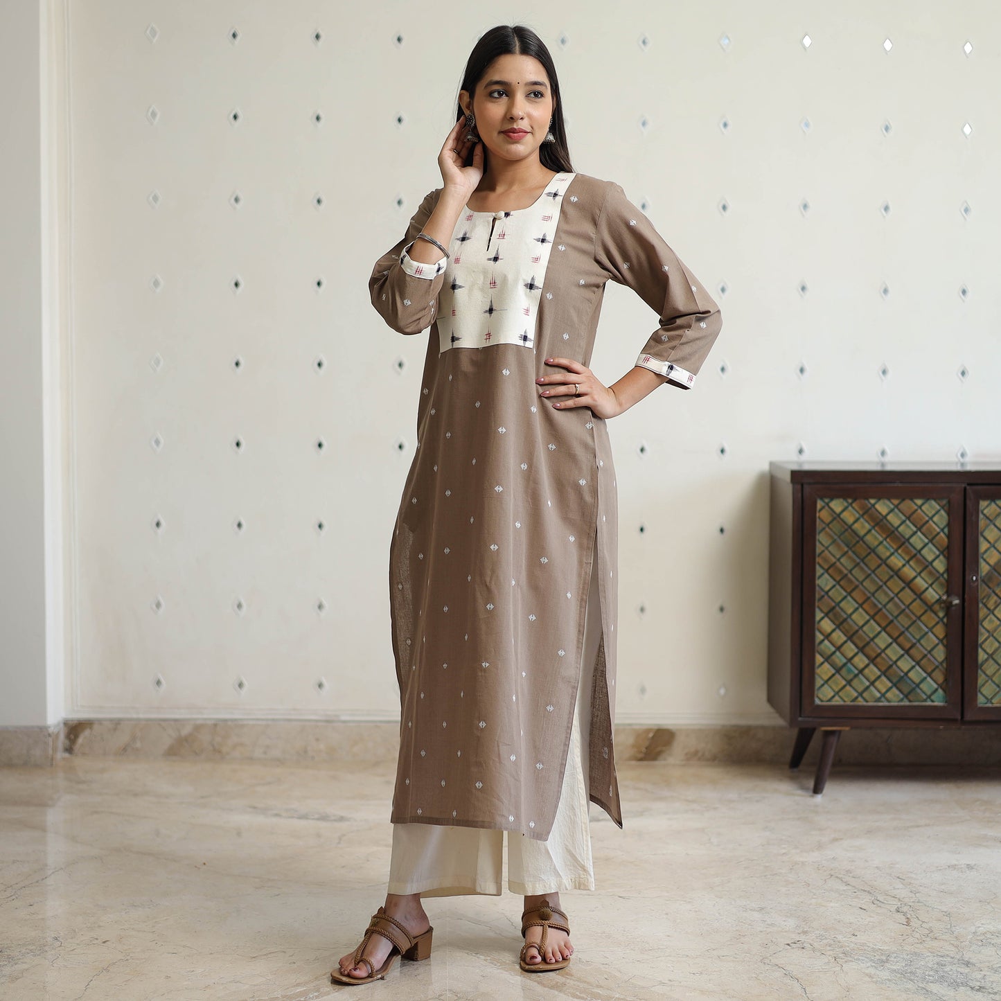 Brown - Jacquard Weave Cotton Straight Kurta with Ikat Patchwork 19