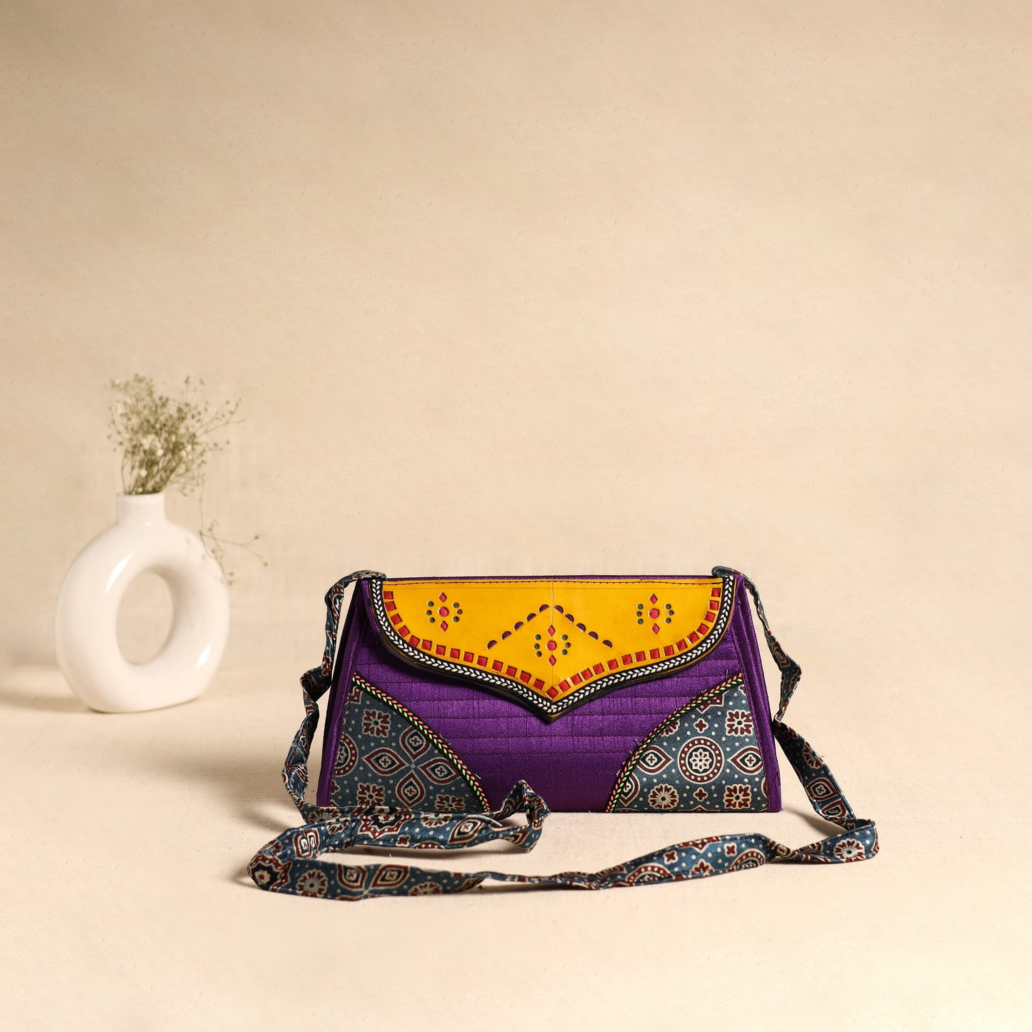 Traditional Kutch Patchwork Silk Leather Flap Sling Bag 31
