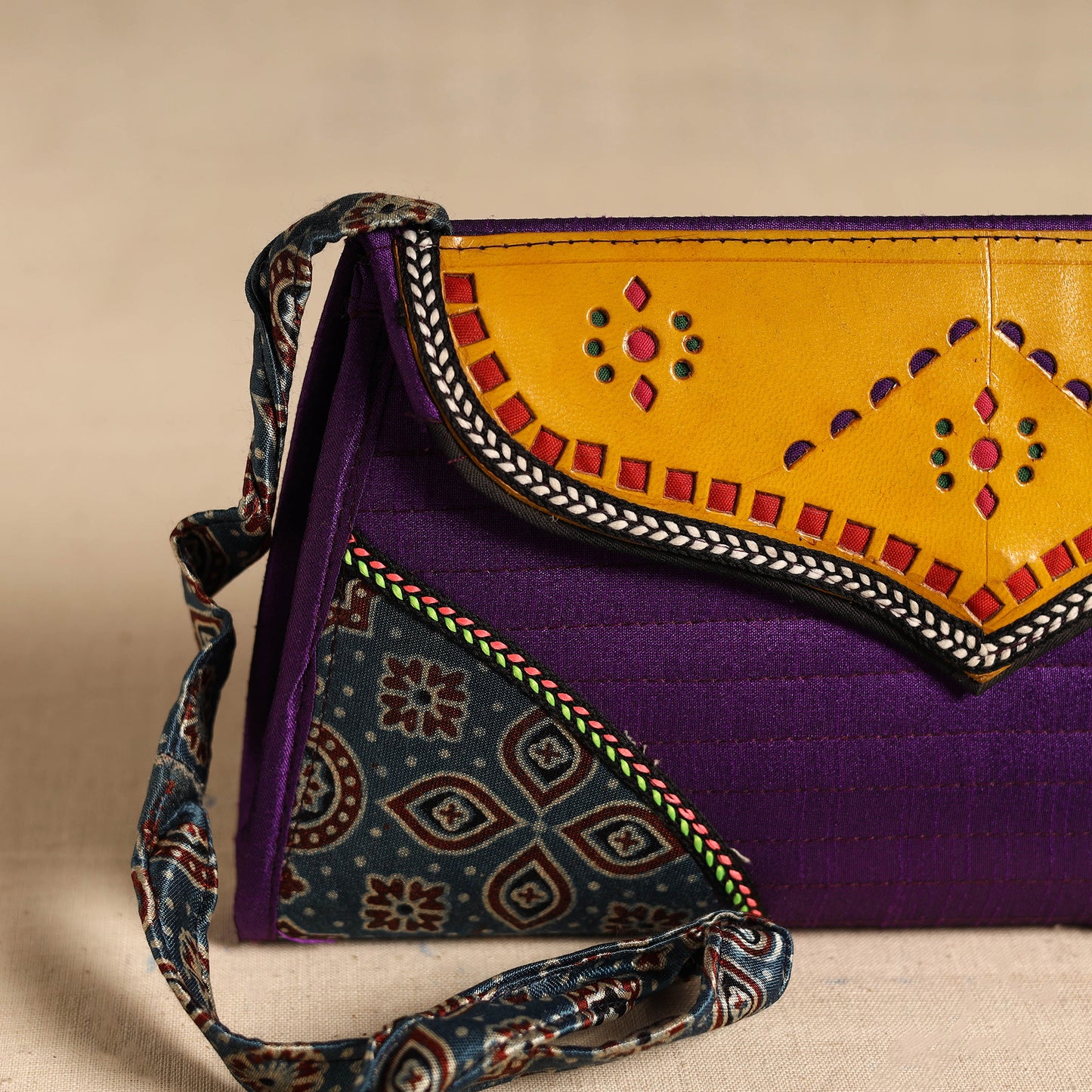 Traditional Kutch Patchwork Silk Leather Flap Sling Bag 31